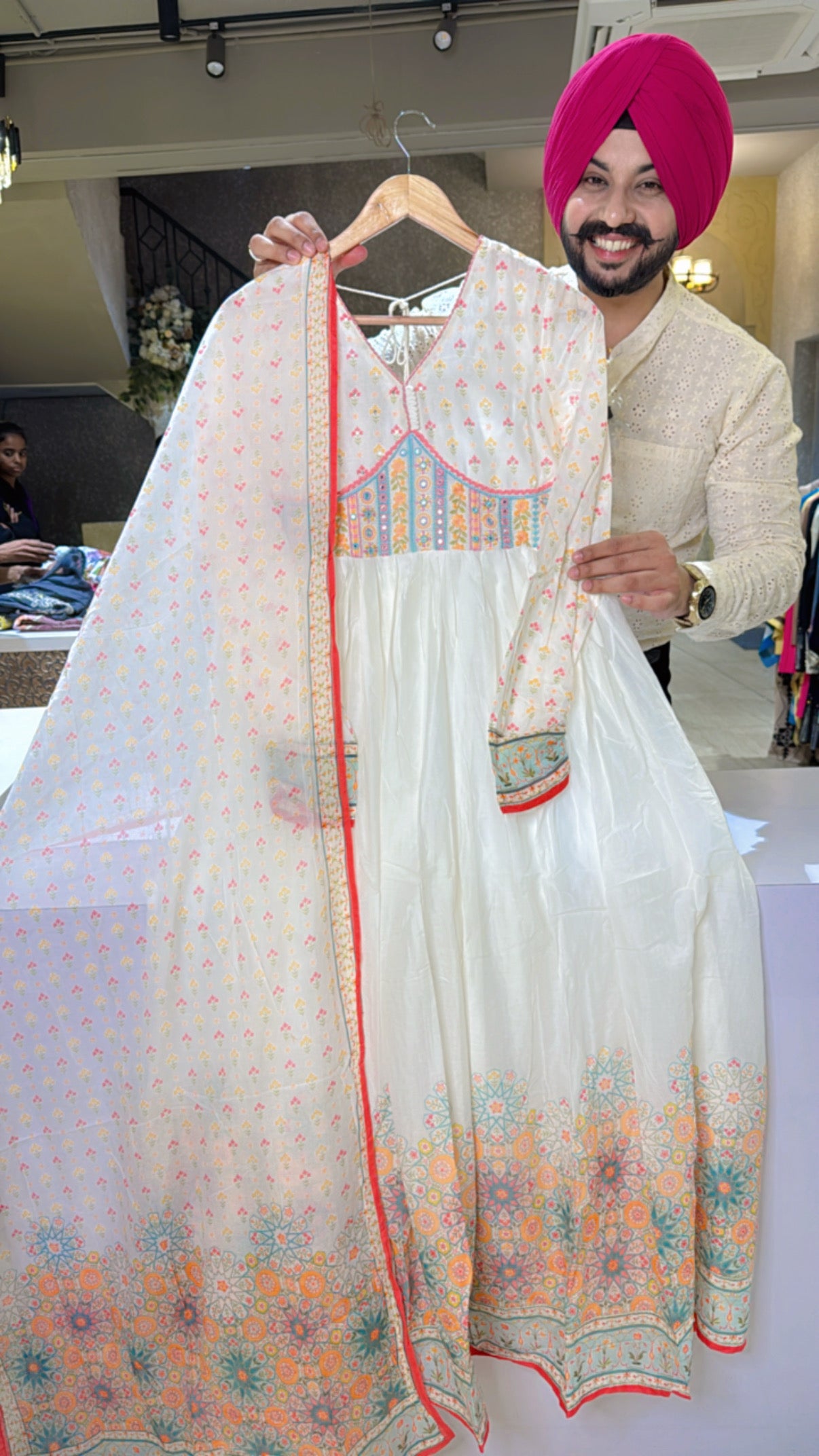 Moon White Pure Mal Cotton Floral Print Anarkali Gown With Beautiful Embroidery work on the