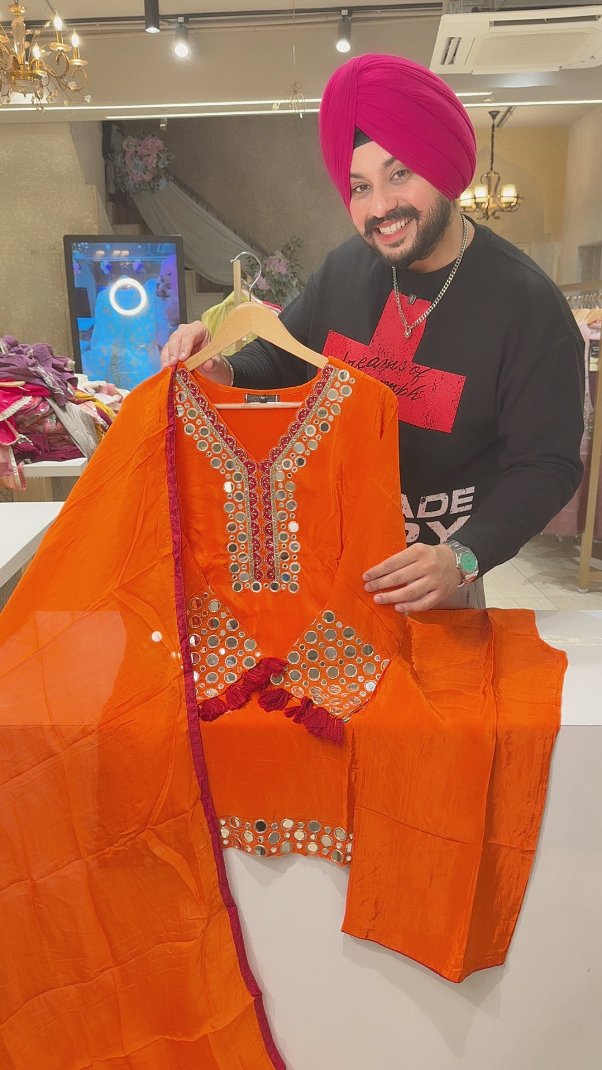 Orange Crepe Heavy Mirror Work Party Wear Indo western suit