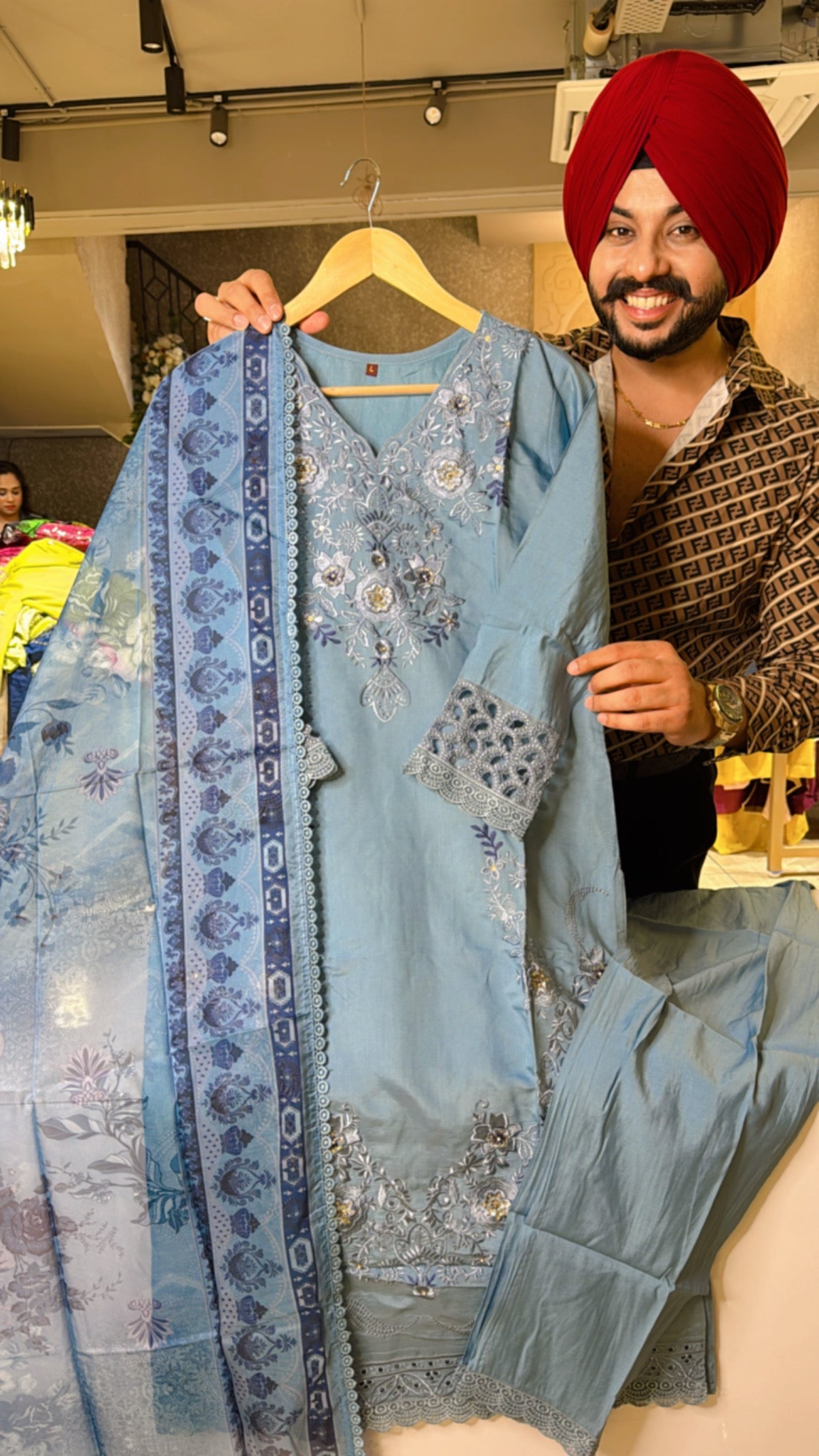 Powder Blue Roman Silk Embroidered Pakistani Suit With Beautiful Organza Duppata