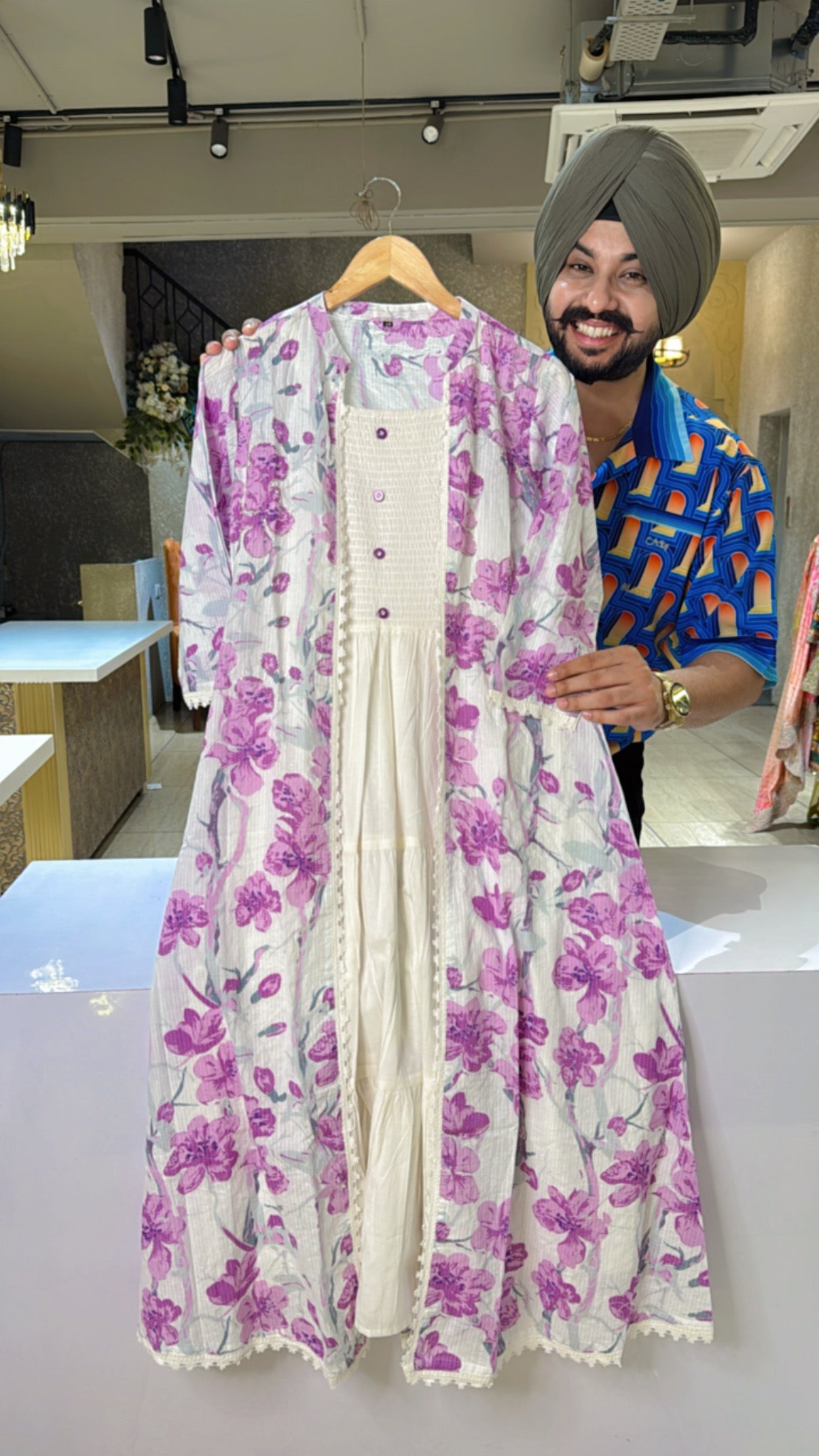 Off White & purple Pure Cotton Floral Print 2 pcs Dress with Hand work on neck