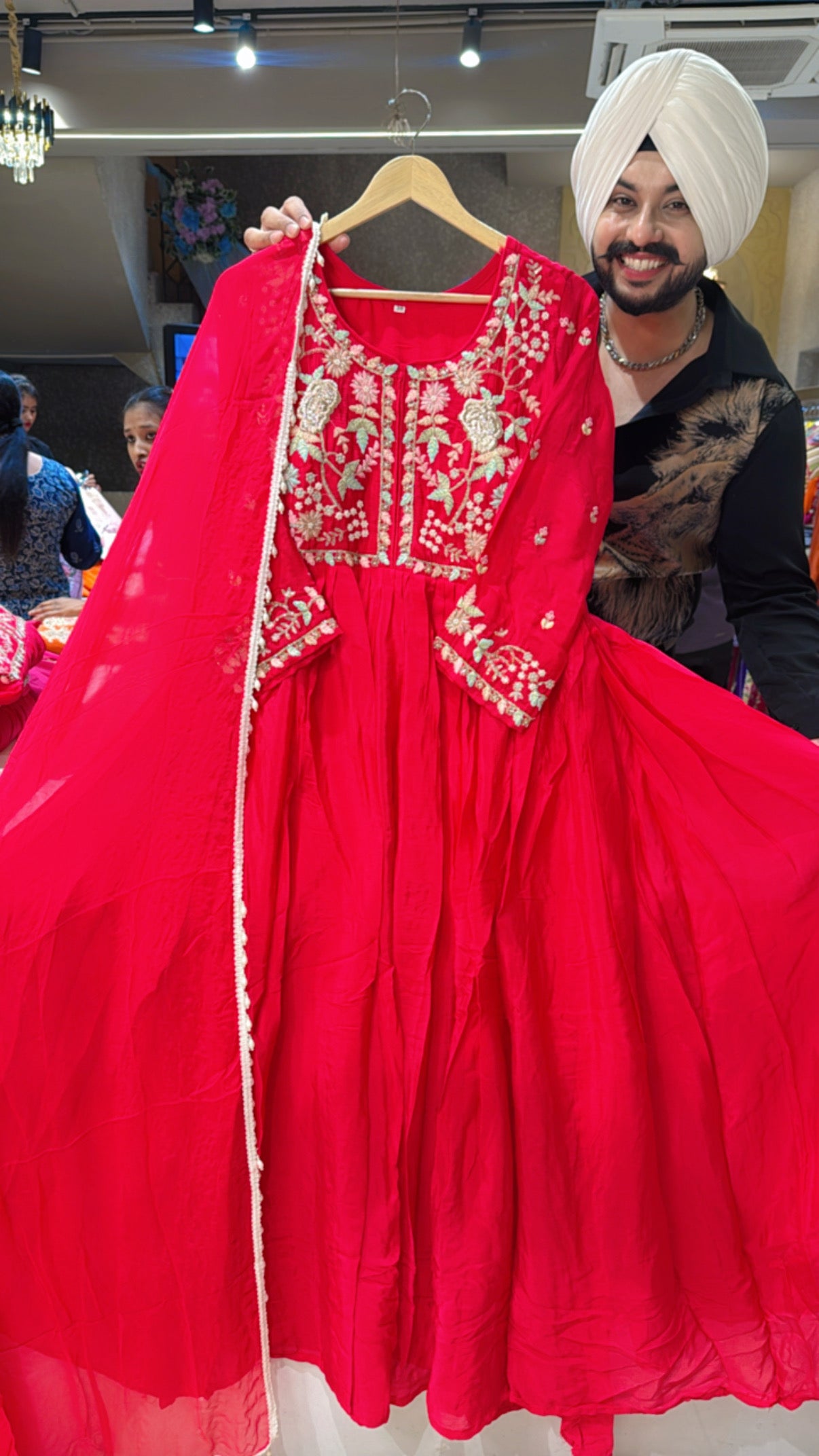 Vibrant Gajri Pure Chinon Party Wear Anarkali Gown With Heavy Hand Embroidery Work on neck , Sleeves & Pearl Hangings Chiffon Duppata