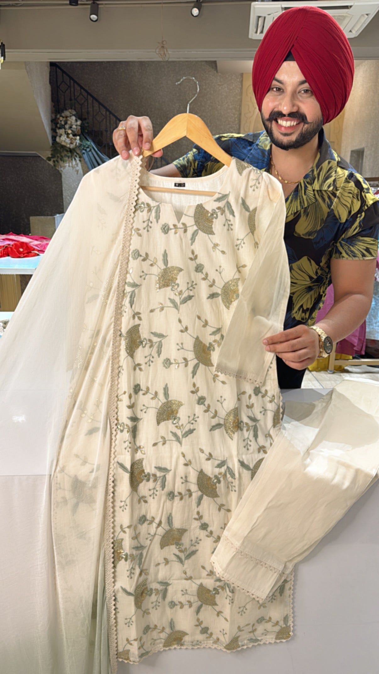 Off white & Green Kora Cotton Heavy Embroidered Straight Suits with Beautiful Chiffon Duppata