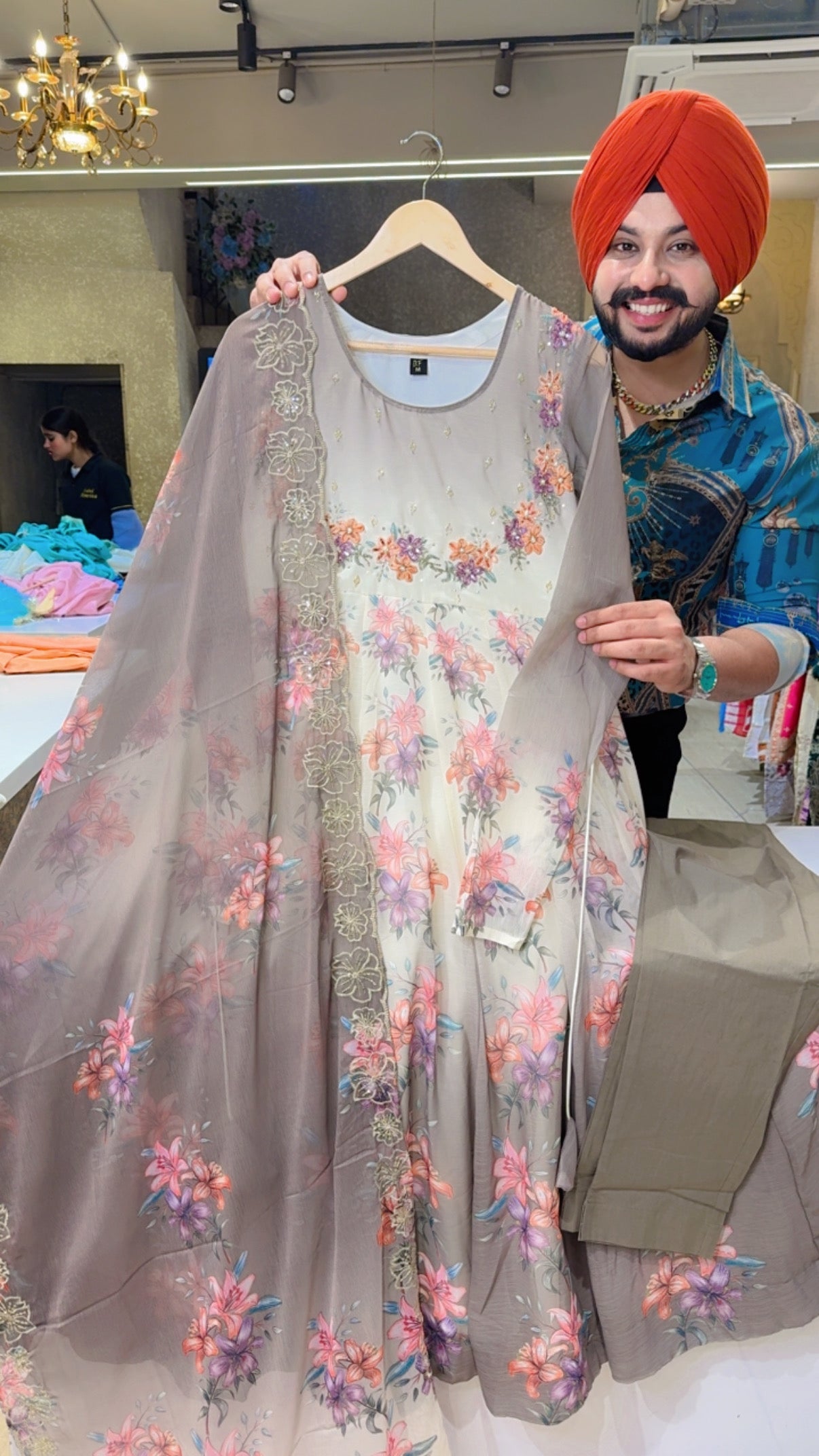 English Grey & Off White Soft Chiffon Floral Print Hand embroidered Full Flair Anarkali Suit with Sequins Work Duppata