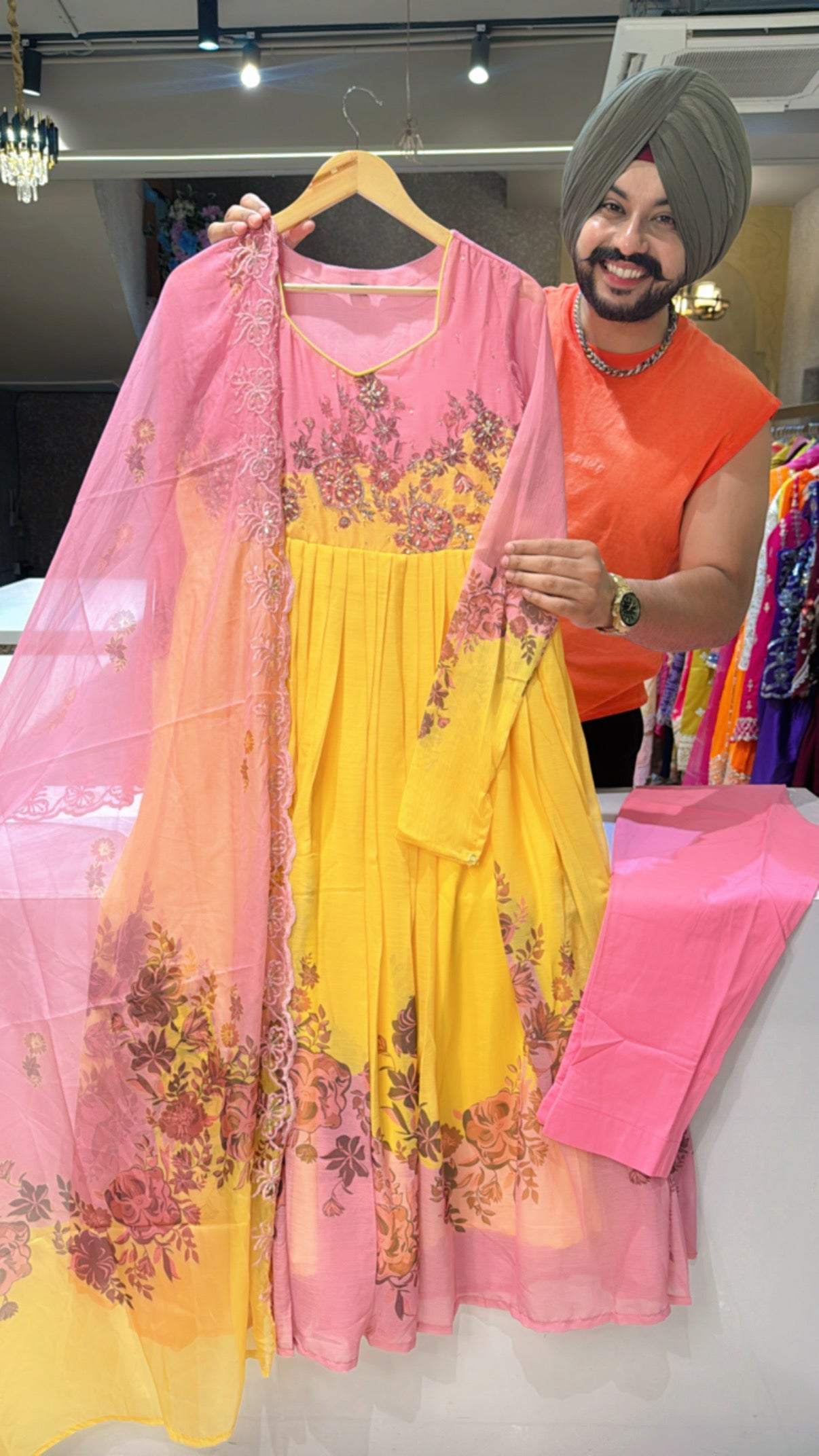 Vibrant yellow & pink Soft Chiffon Girlish Full Flair Anarkli suit with Hand embroidery Work on neck & embroidered Organza Duppata