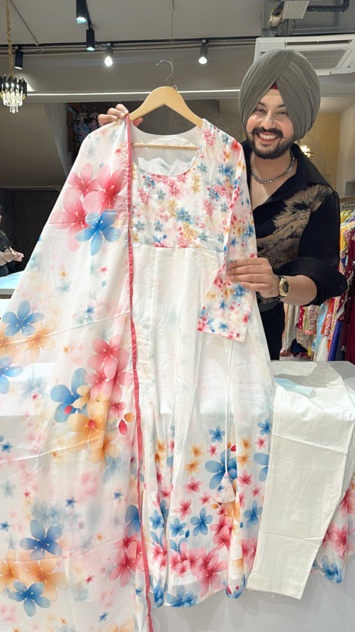 Moon white Floral Print Full Flair Anarkali Suit with Hand embroidery Work on neck