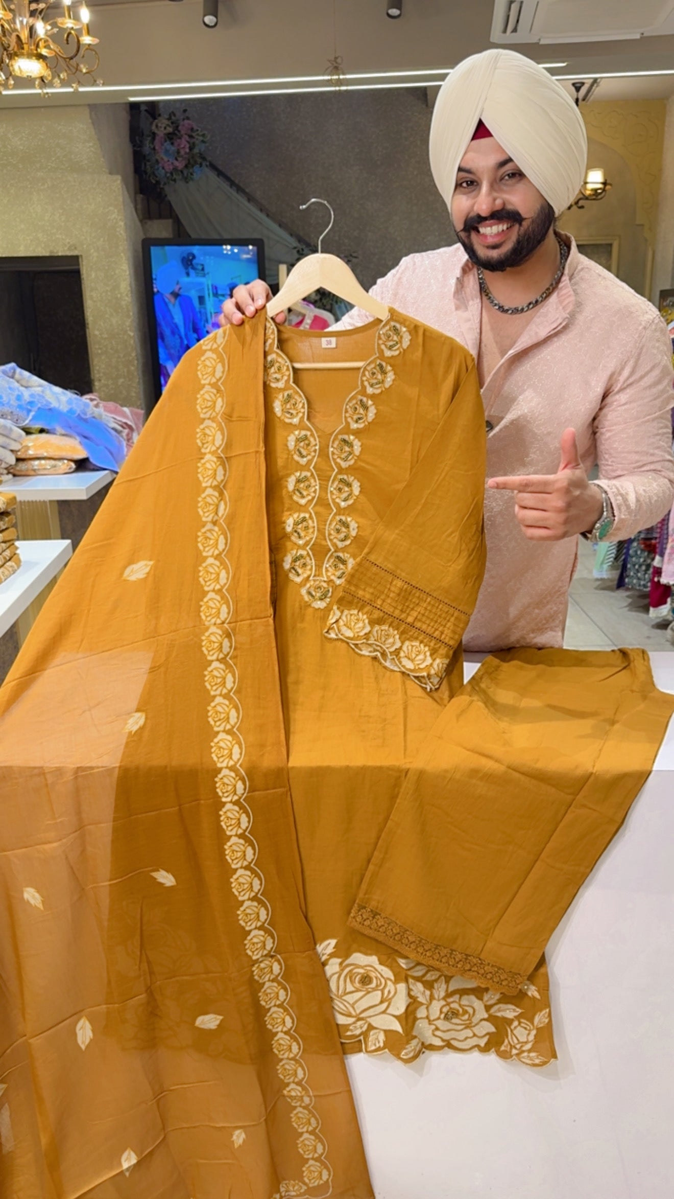 Mustard Pure cotton Embroidered Semi formal Suit with Hand painted Duppata