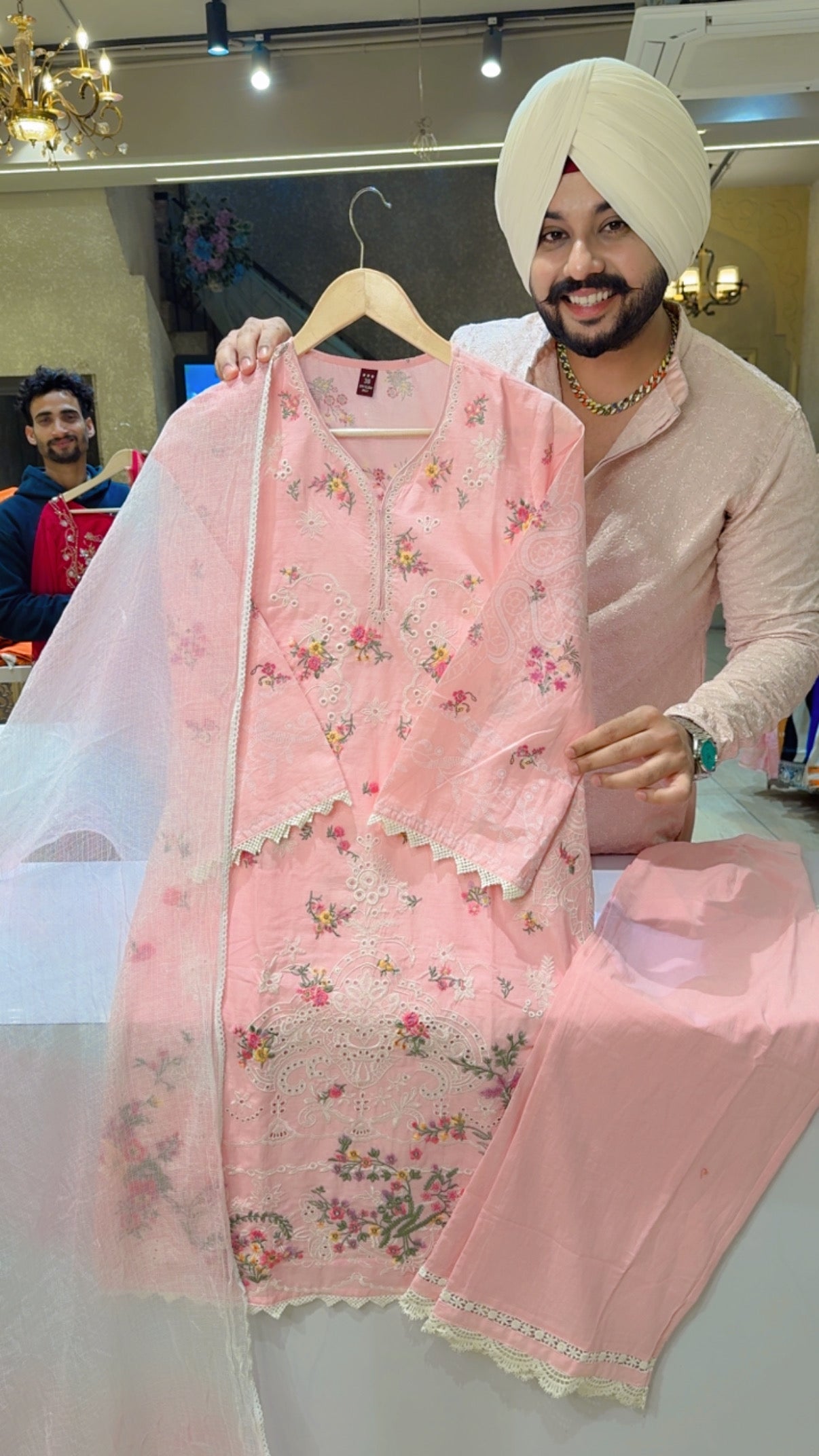 Baby Pink Pure Cotton Fully Embroidered & Cut Work Kashmiri Suit with Beautiful Kota Doria Duppata