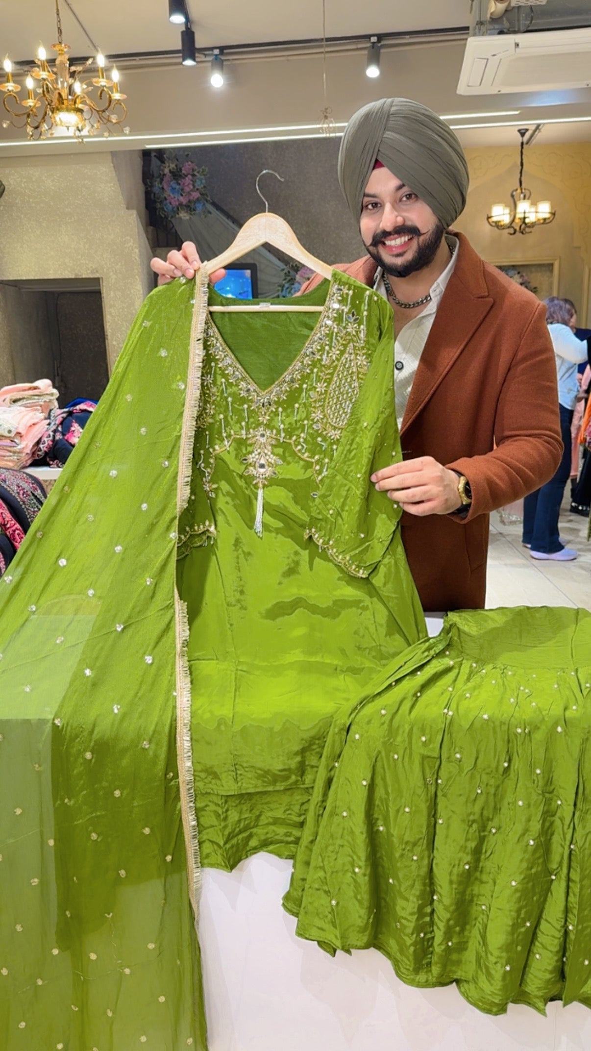 Leaf Green Crepe Designer High Low Hand Embroidered Garara suit with Chinon Duppata