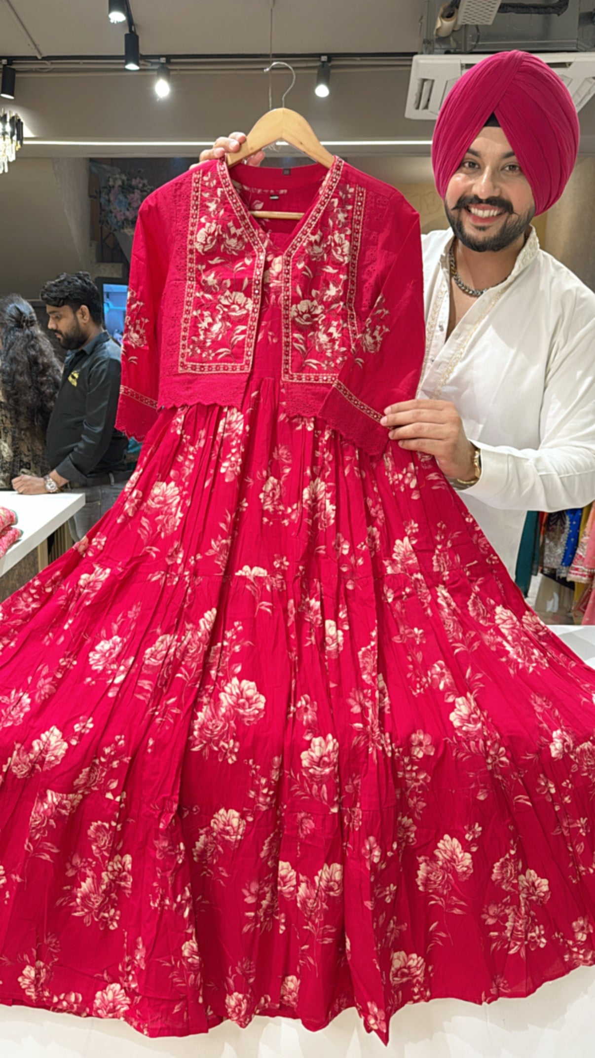 Anaari Pink Pure Cotton Full Flair Indo Western Dress with embroidered Short Jacket