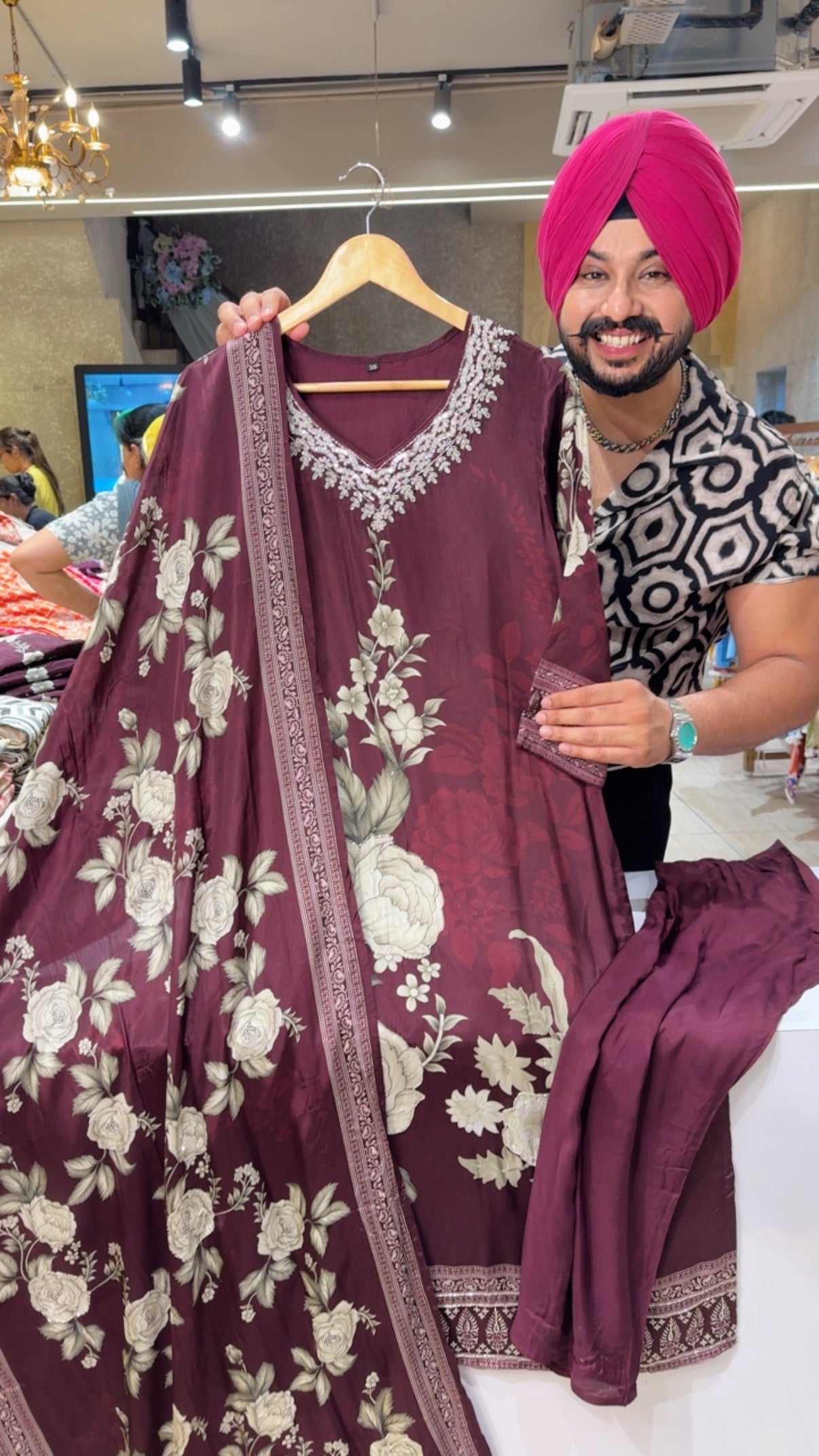 Wine Crepe Floral Print Hand embroidered Party Wear suit with Beautiful Crepe Duppata