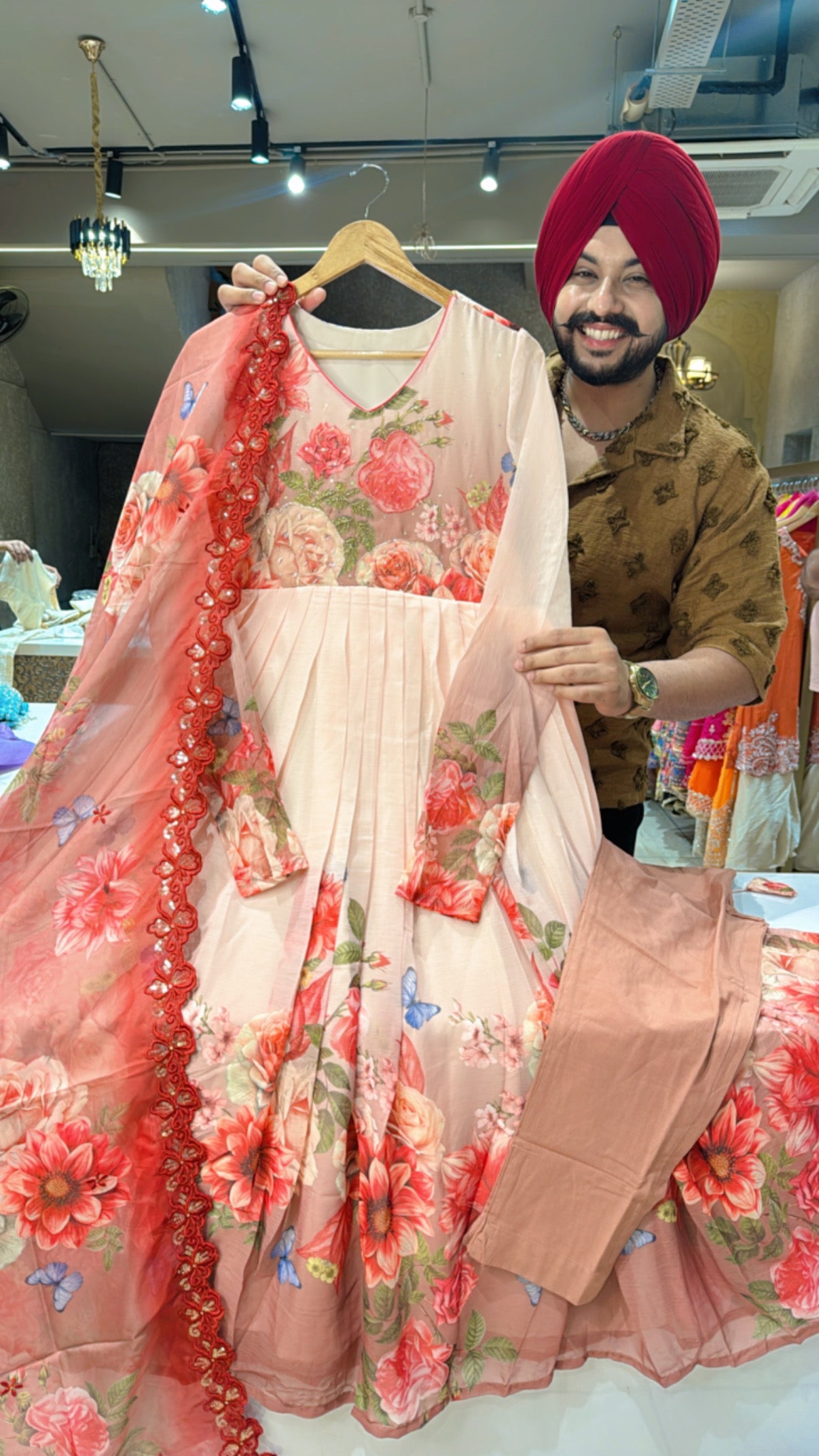Nude Peach Chiffon Full Flair Anarkali Suit with Hand Embroidery Work on neck & Embroidered Duppata