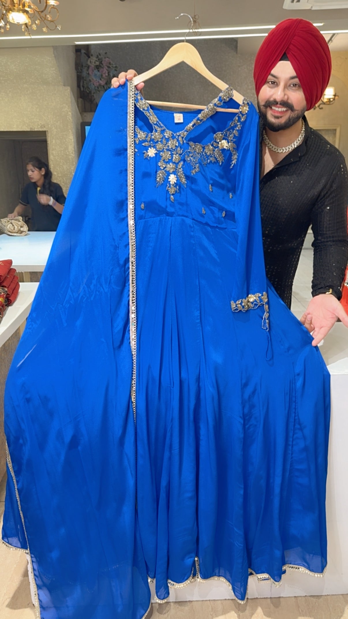 Royal blue Designer Neck & Sleeves Hand Embroidered Georgette Anarkali Gown
