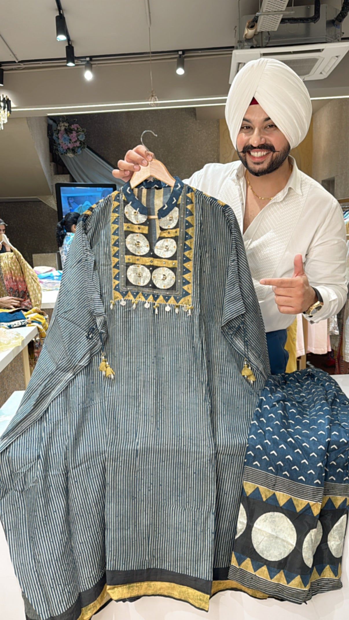 Denim Blue Muslin silk Kaftan Coord set With Beautiful work on neck