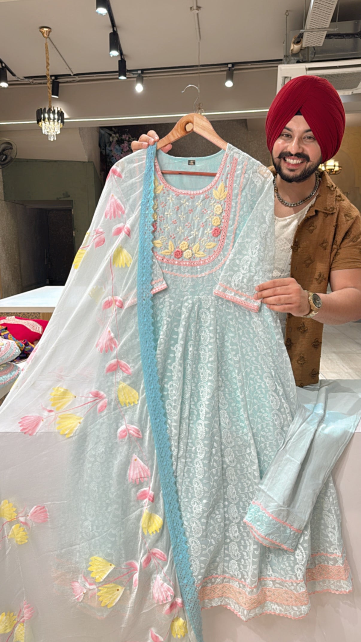 Georgette Heavy Self embroidered Anarkali Suit with Hand embroidery work on neck & hand painted Chiffon Duppata