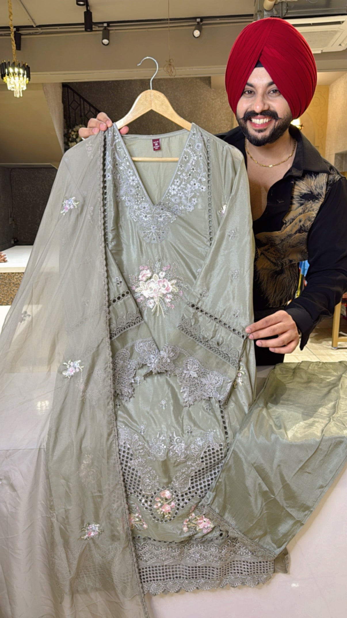 English Grey Shimmer Chinon Heavy Embroidered & cut work Pakistani Suit with Soft Organza Duppata