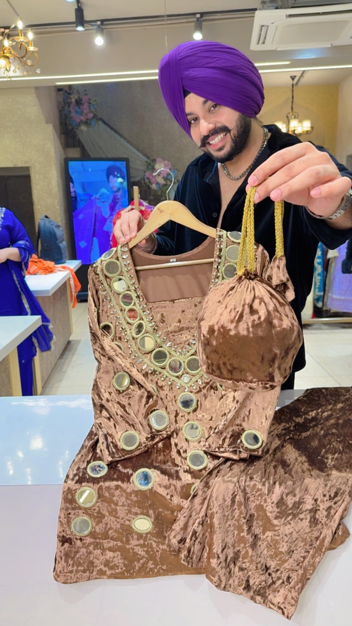 Copper Premium Stretchable Velvet Heavy Mirror work Paplum Coord set with Stylish Potli