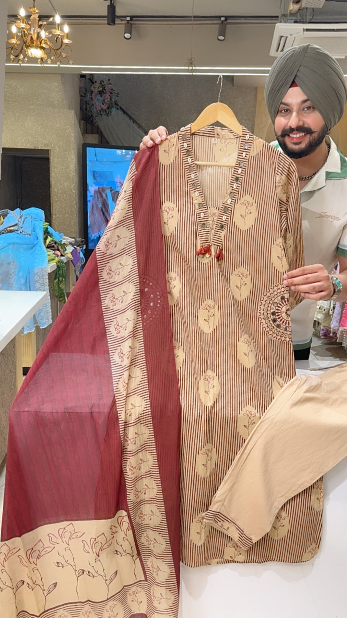 Beige & maroon English Print Pure Cotton Hand Embroidered Straight Suit with Beautiful Embroidery work on Pockets