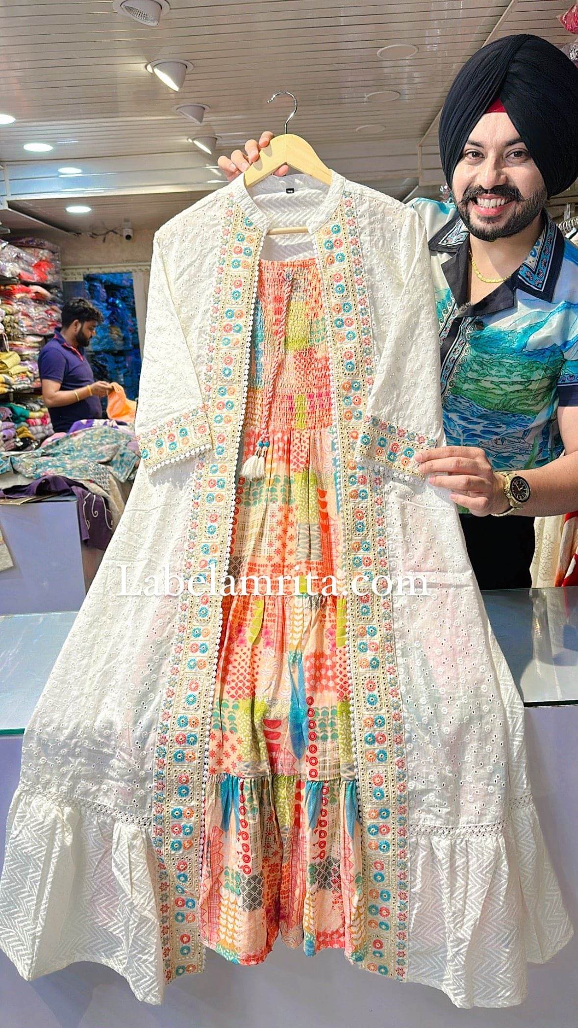 Rayon printed Indowestern Dress with Beautiful Off white embroidered Shrug