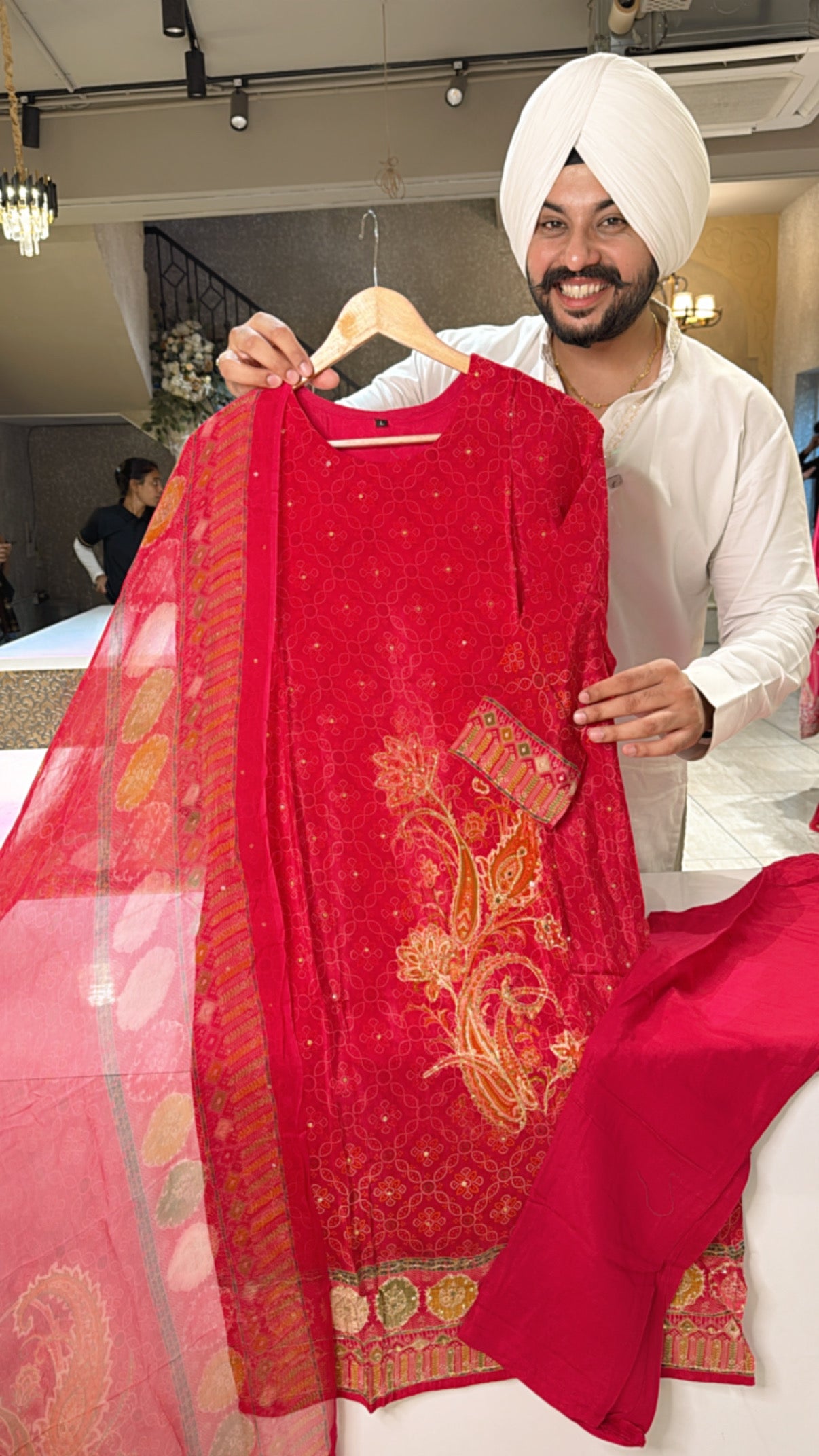 Rani pink Crepe Embroidered Straight Suit with Chiffon Duppata