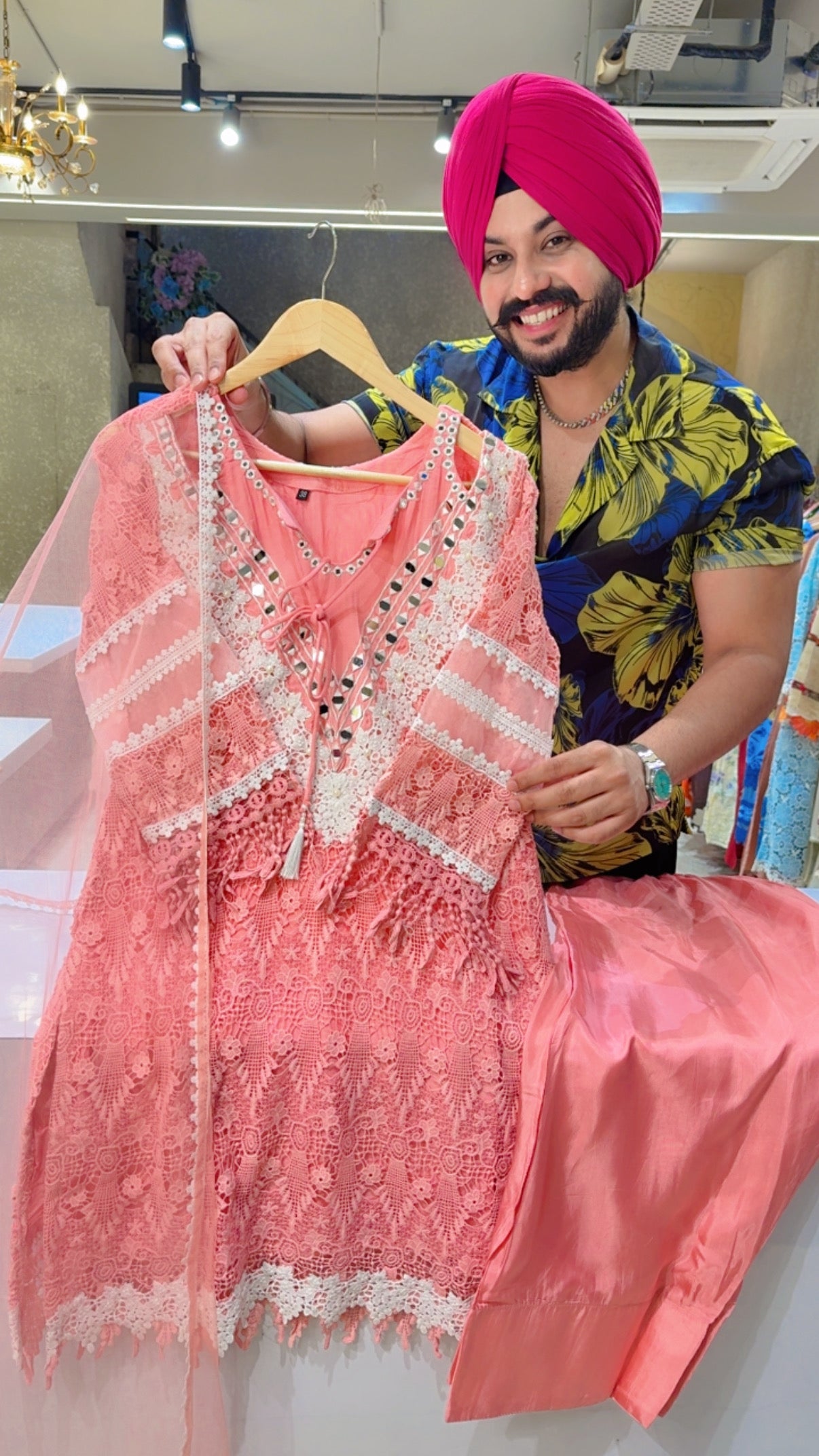 Gajri Pink Heavy Crochet work Indowestern Farshi Western Suit with Sleek Neck Duppata