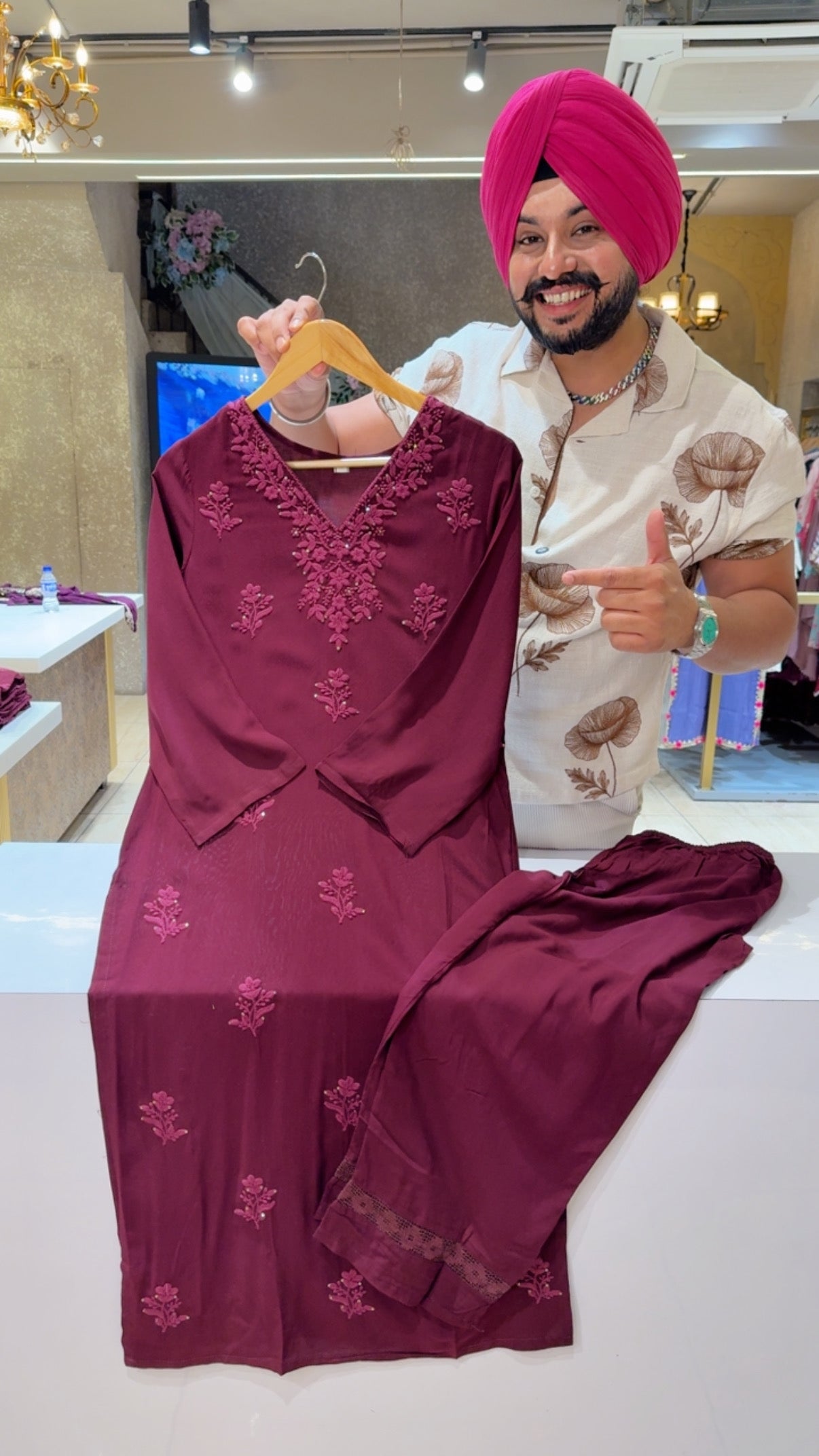 Winish Maroon Soft Rayon Self Lucknowi Style Embroidered Long Length Coord set