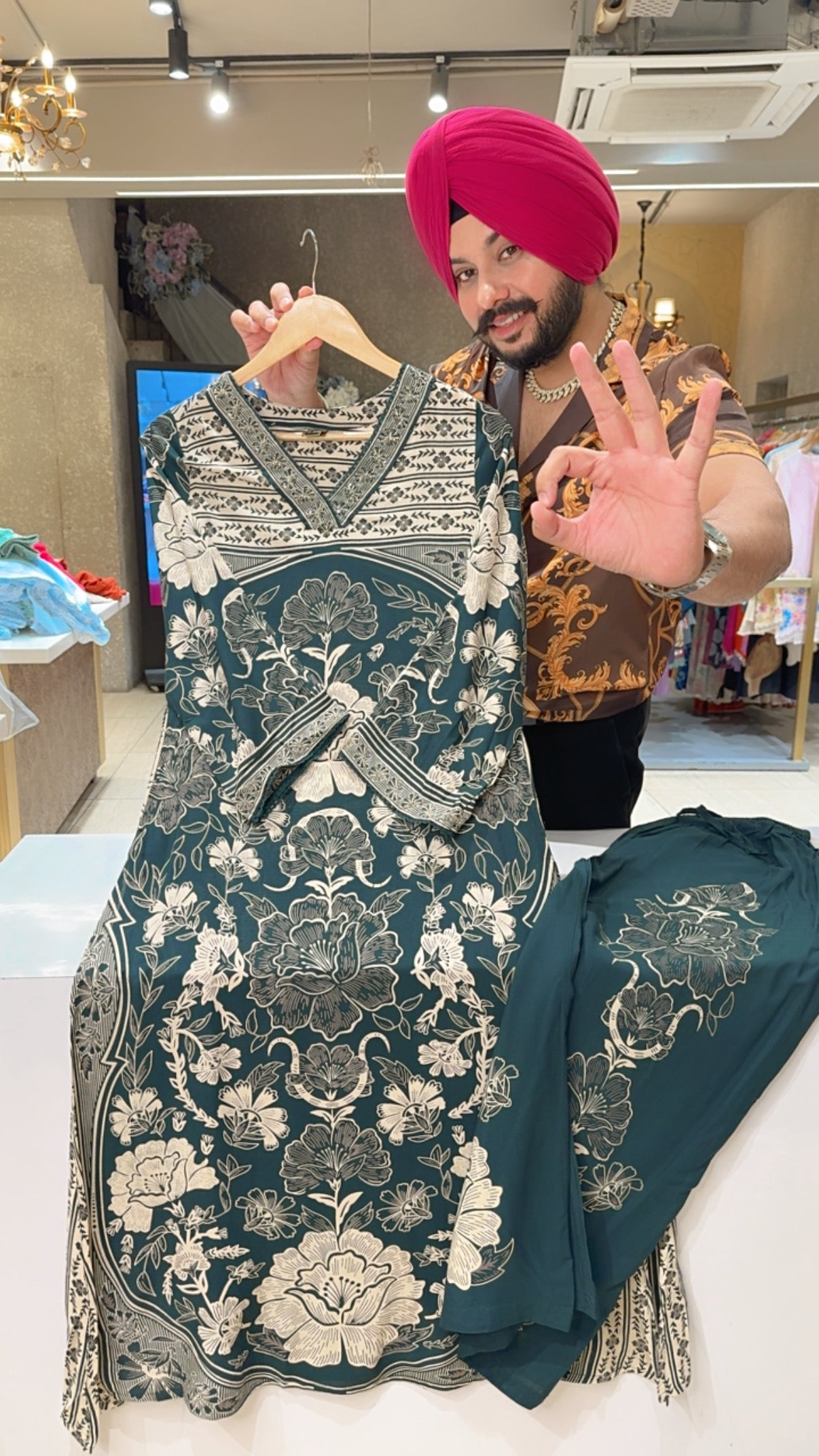 Dark Green Premium Rayon Floral Print Long Length Airport look Coordset set with sleek Embroidery Work on neck