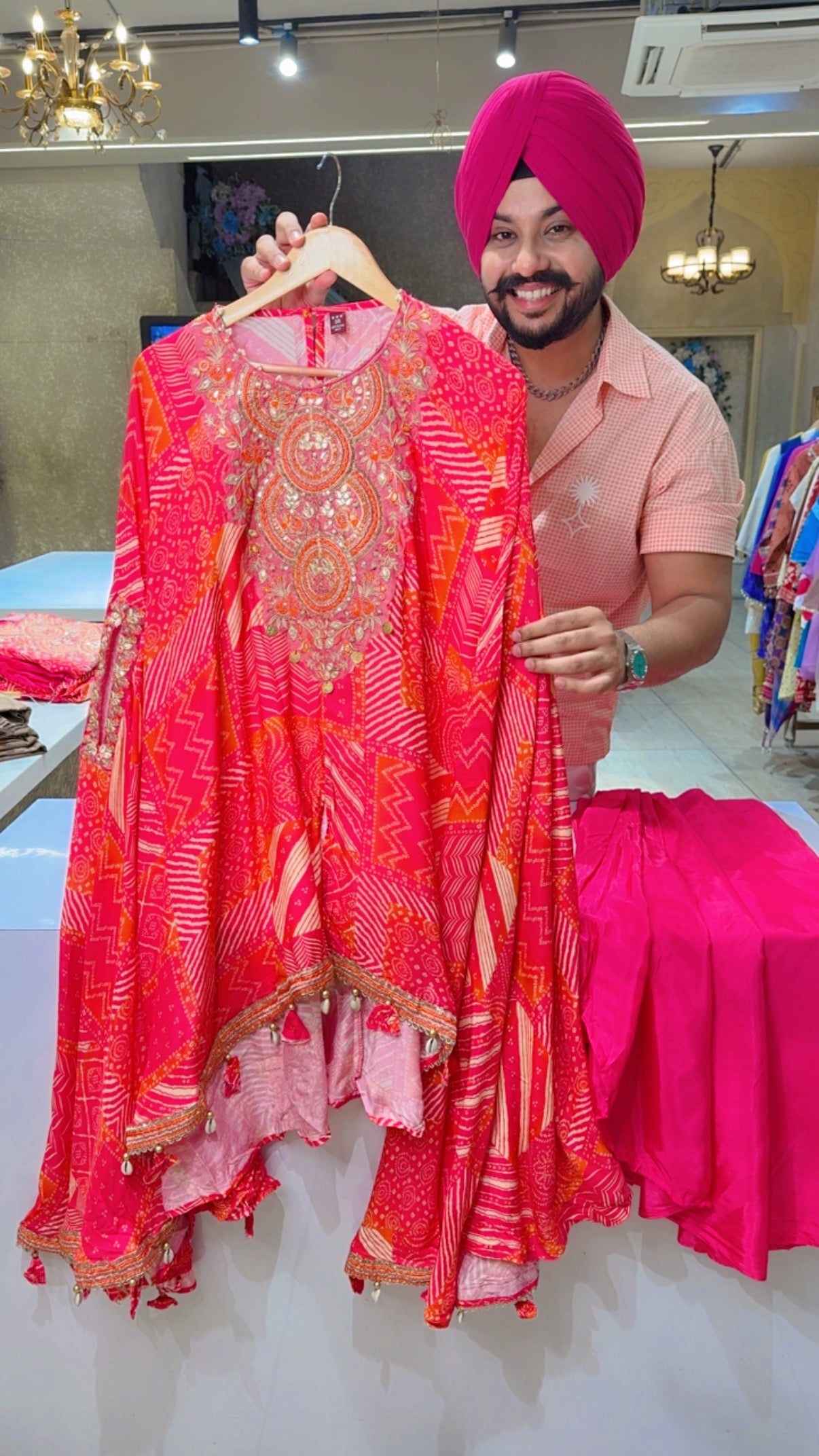 Hot Pink Premium Muslin Heavy Embroidered Kaftan Coord set with Stylish Drape Skirt