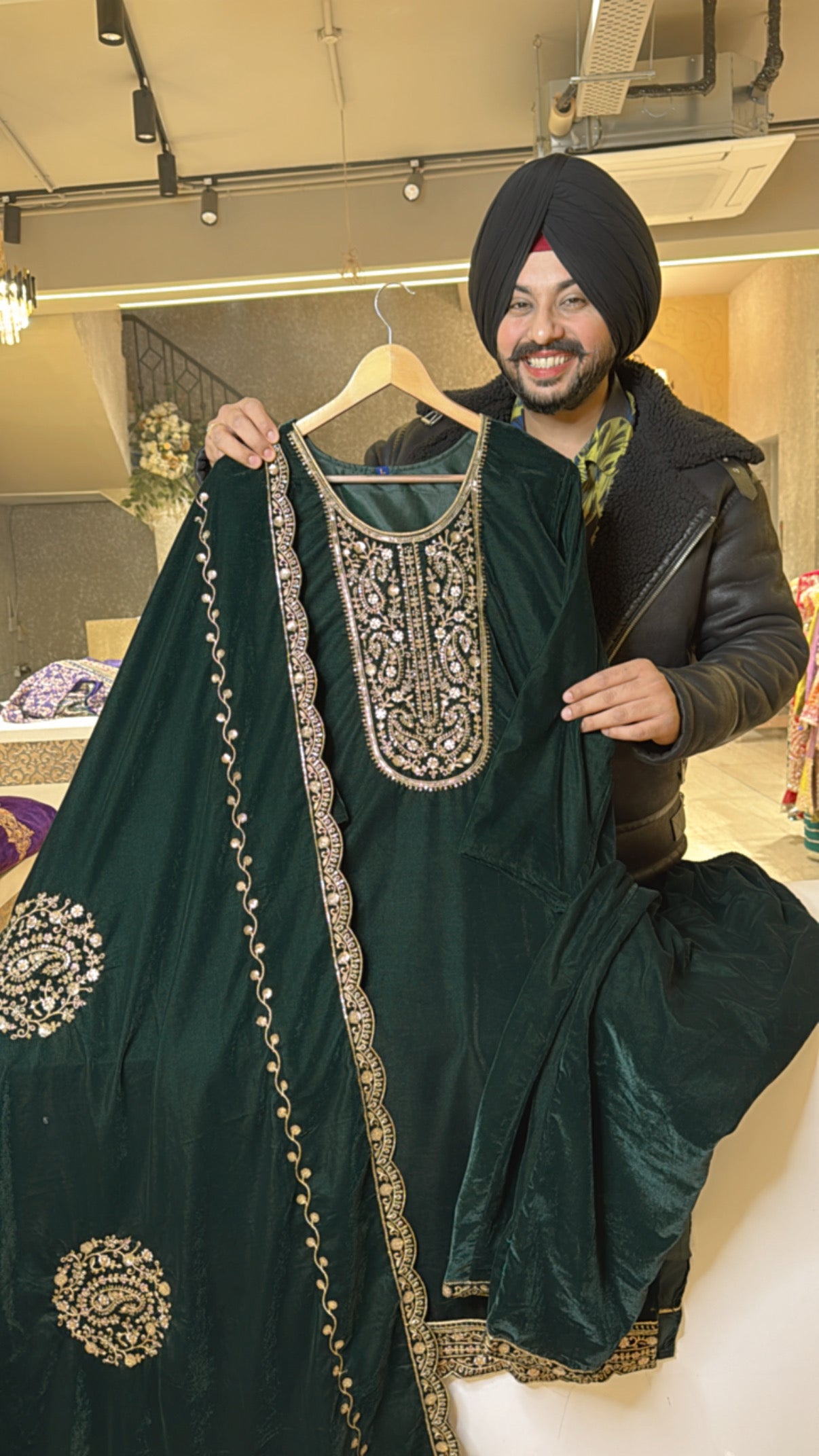 Bottle Green premium Velvet party wear Straight Suit with Heavy embroidered Duppata