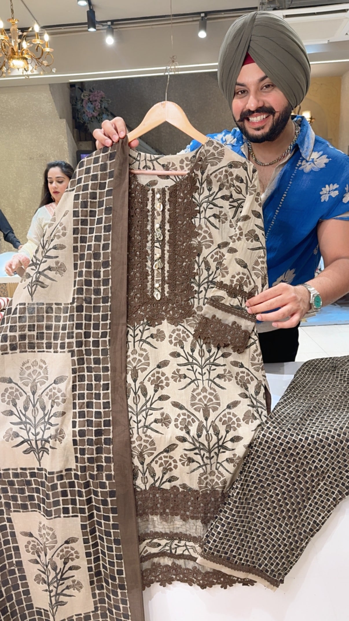 Chocolate brown pure Cotton Crochet Lace Kashmiri Suit