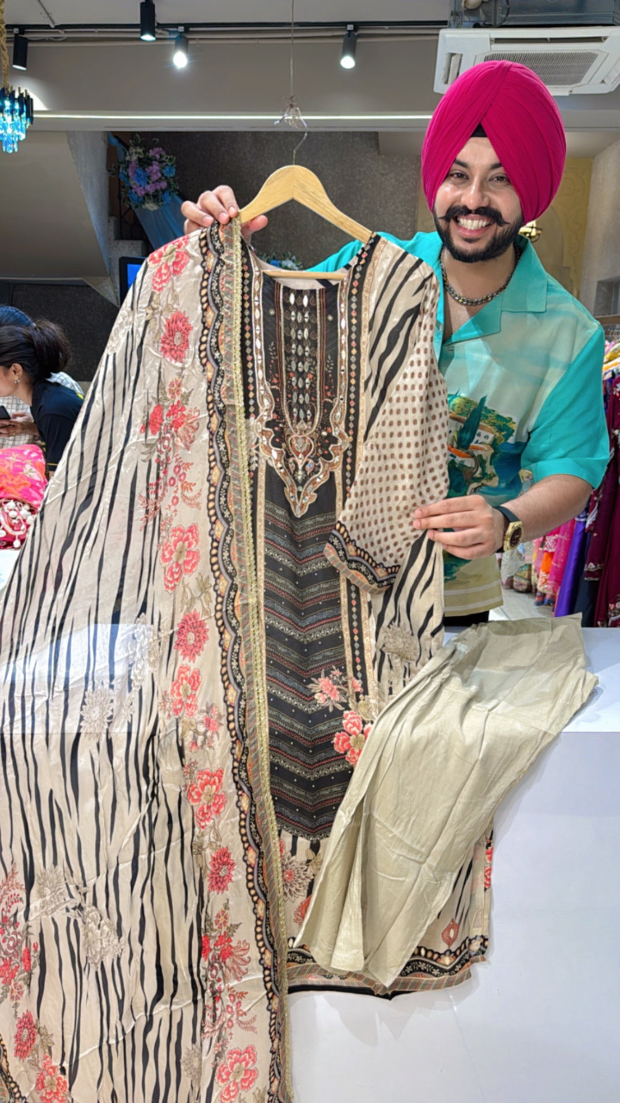 Beige Crepe Embroidered Tiger Print Straight Suit with Stylish Sleek Duppata