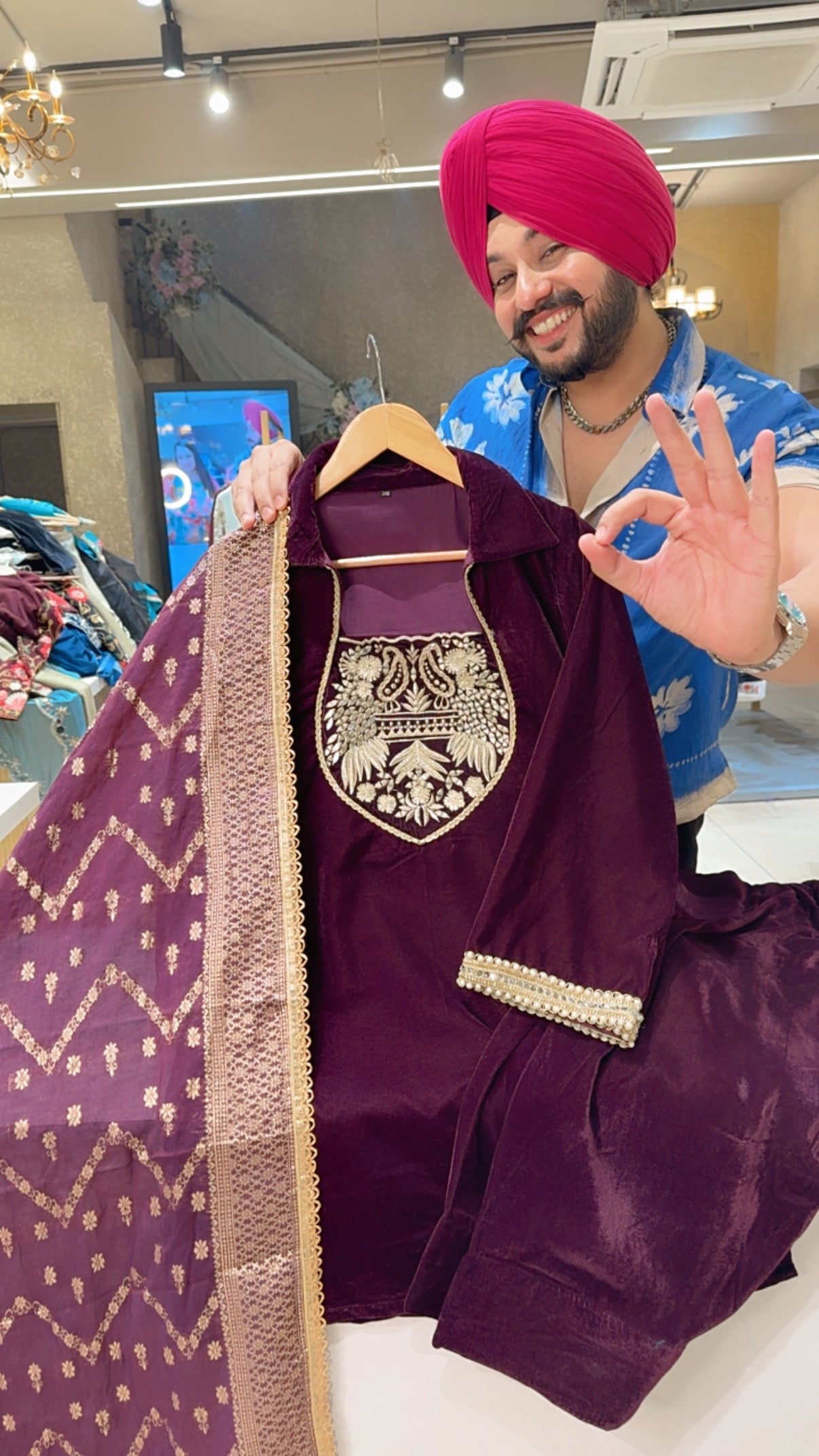 Wine Collar Neck Gotta & Mirror work Party Wear Farshi Salwar Set with beautiful Banarasi Duppata