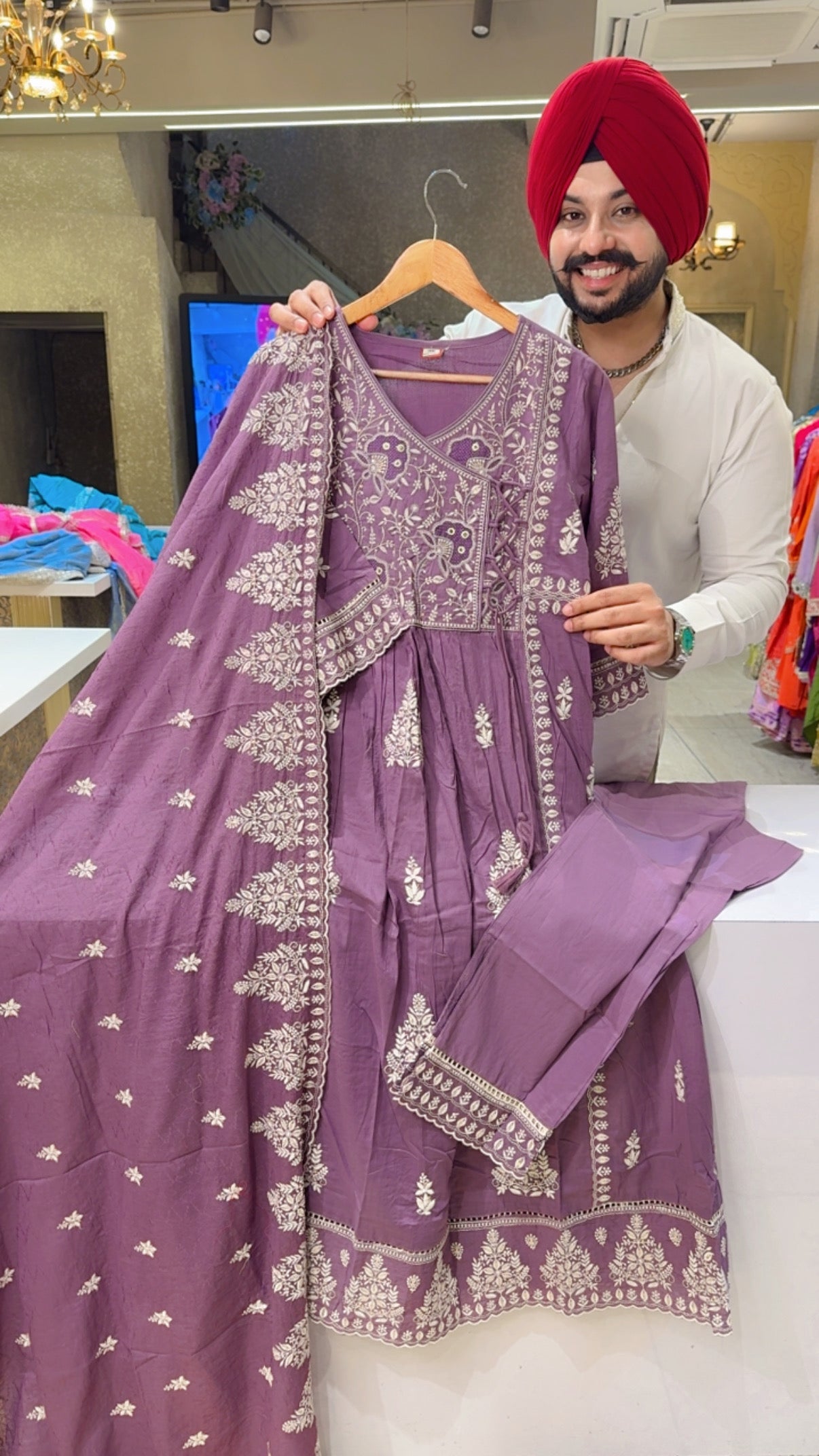 Mauve Mal Cotton Angrakha Front Gattering A-line Fully Embroidered Suit