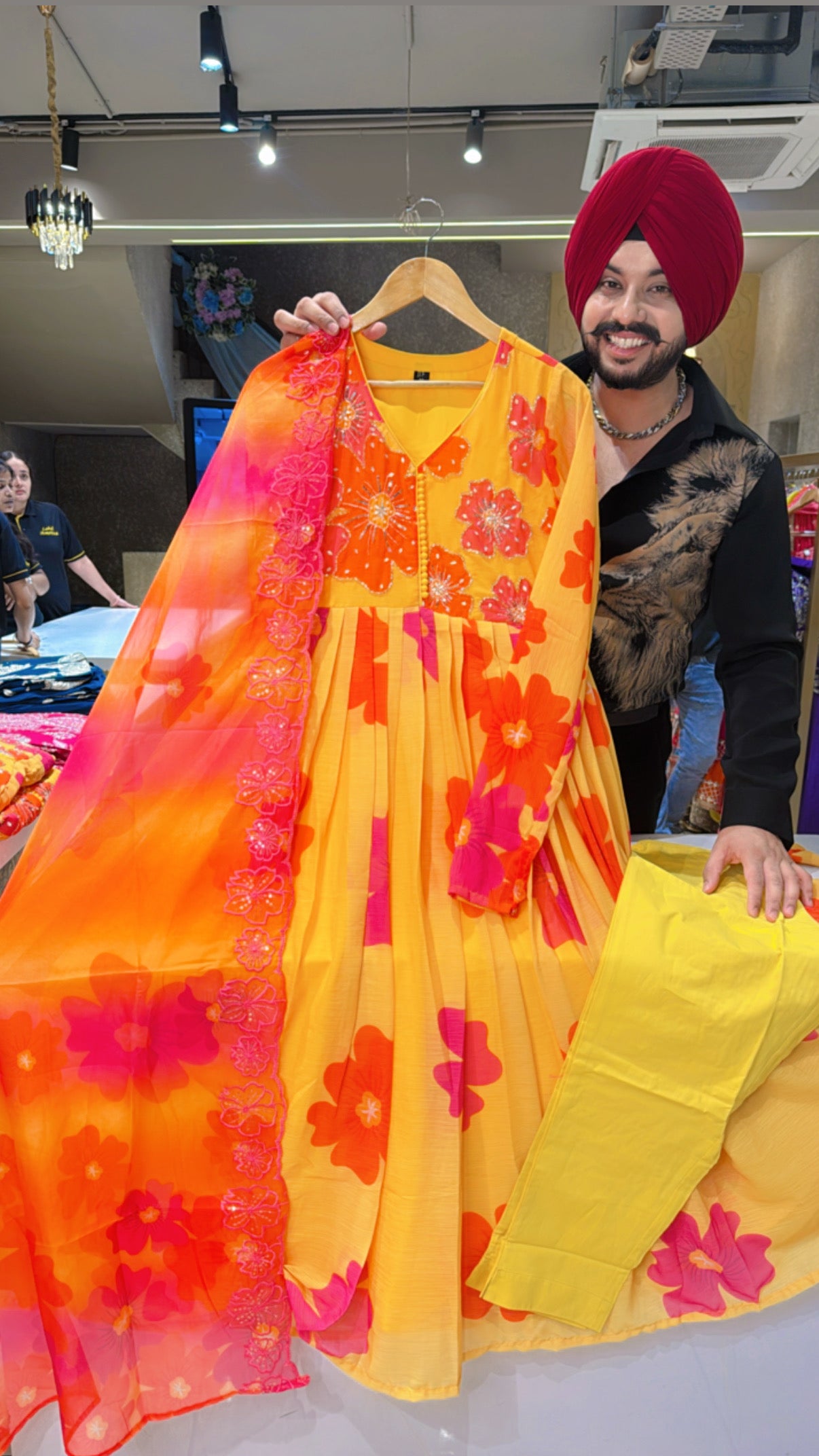 Vibrant yellow Chiffon Full Flair Floral Anarkali Suit with Beautiful Hand Embroidery work on neck & Embroiderd Organza Duppata