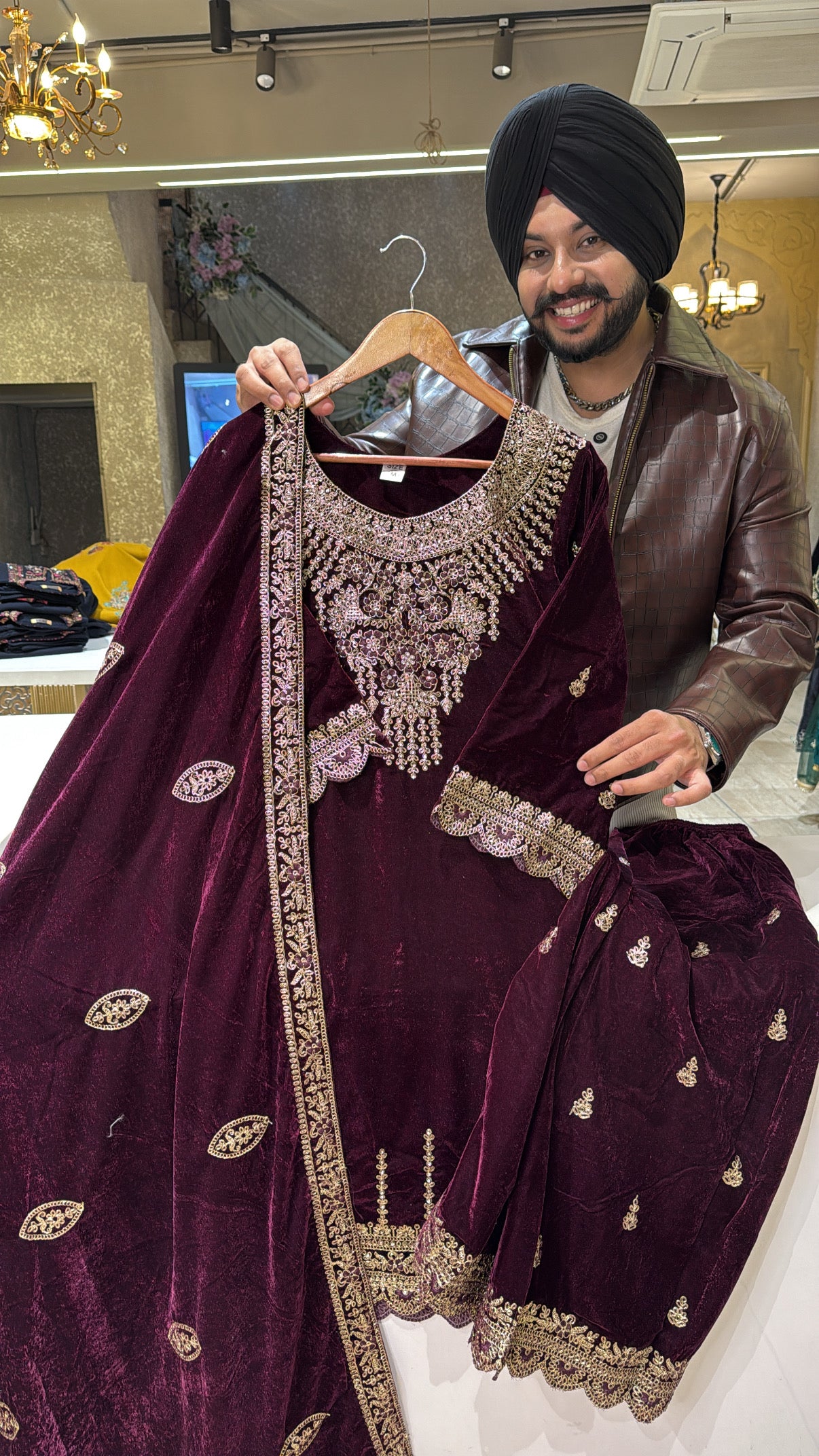 Maroonish Wine Heavy Velvet Front & Back embroidered Party wear Kashmiri Suit with Beautiful Duppata