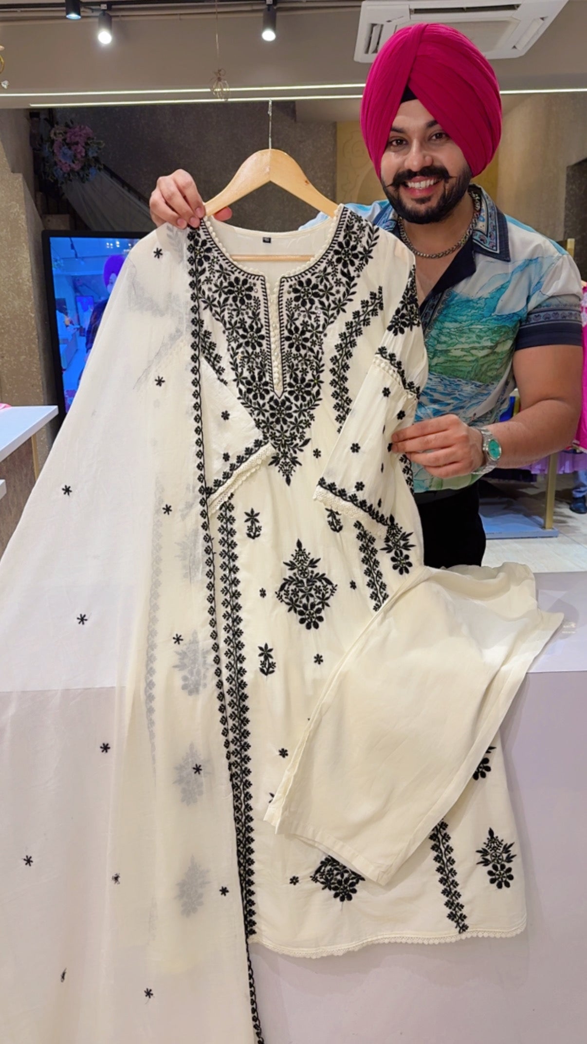 Off white Mal Cotton Embroidered Semi Formal Straight Suit with Mal cotton Duppata