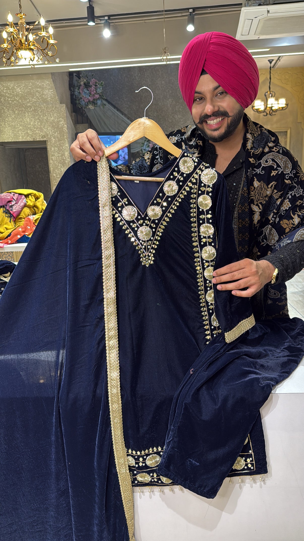 Navy Blue Velvet Heavy gotta & Mirror Work Indowestern Suit