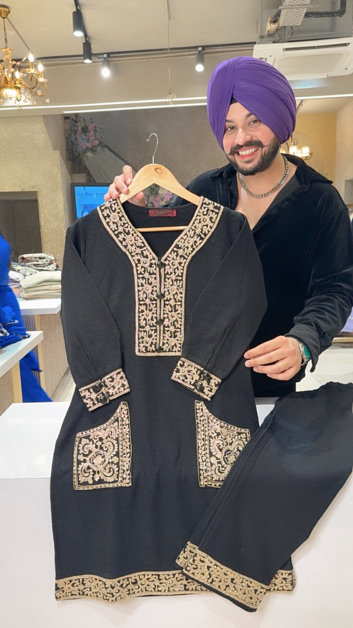 Black Woolen Long Length Embroidered Coord sets IN0