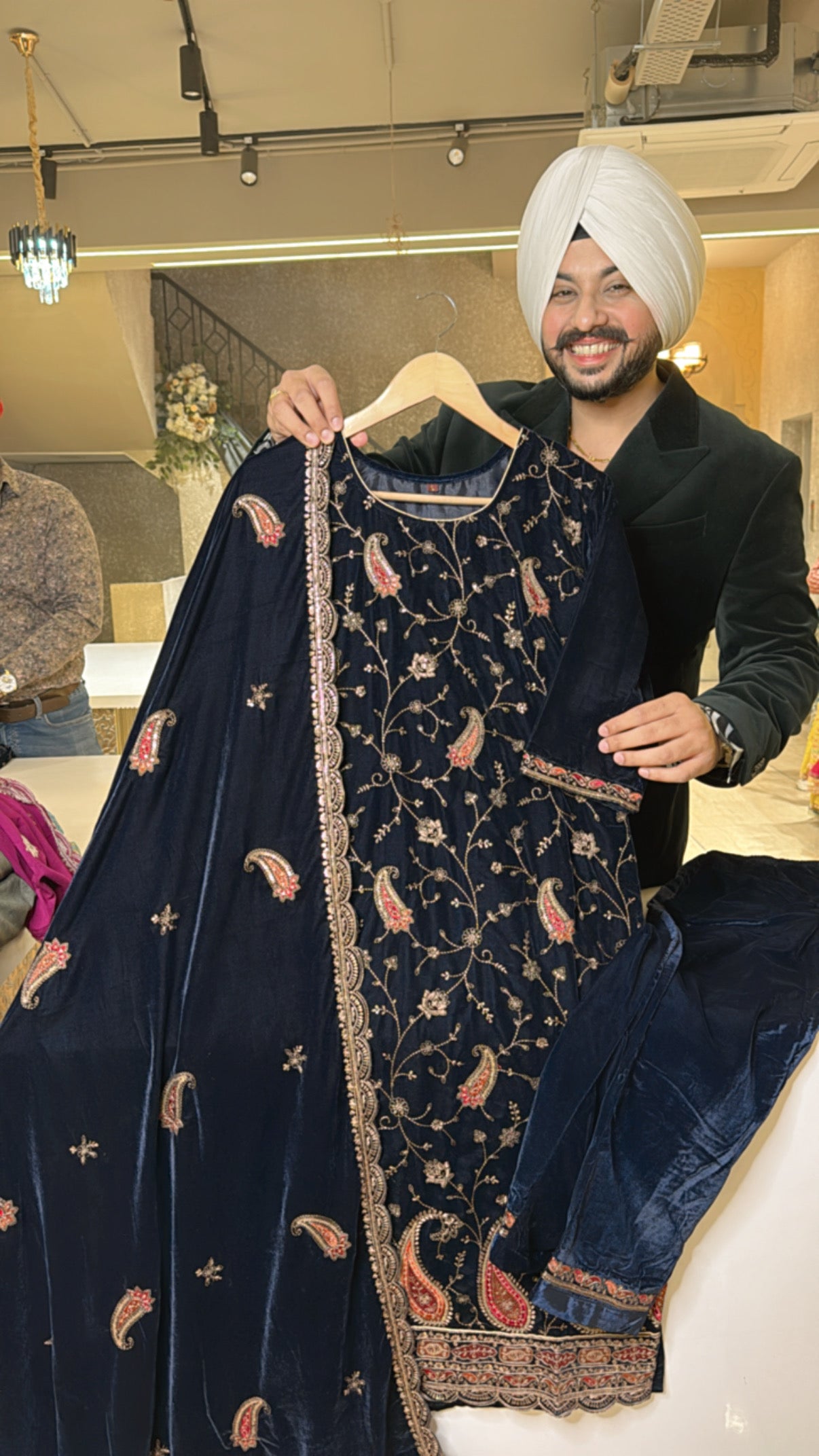 Navy Blue Heavy embroidered straight Velvet Suit with Heavy Duppata