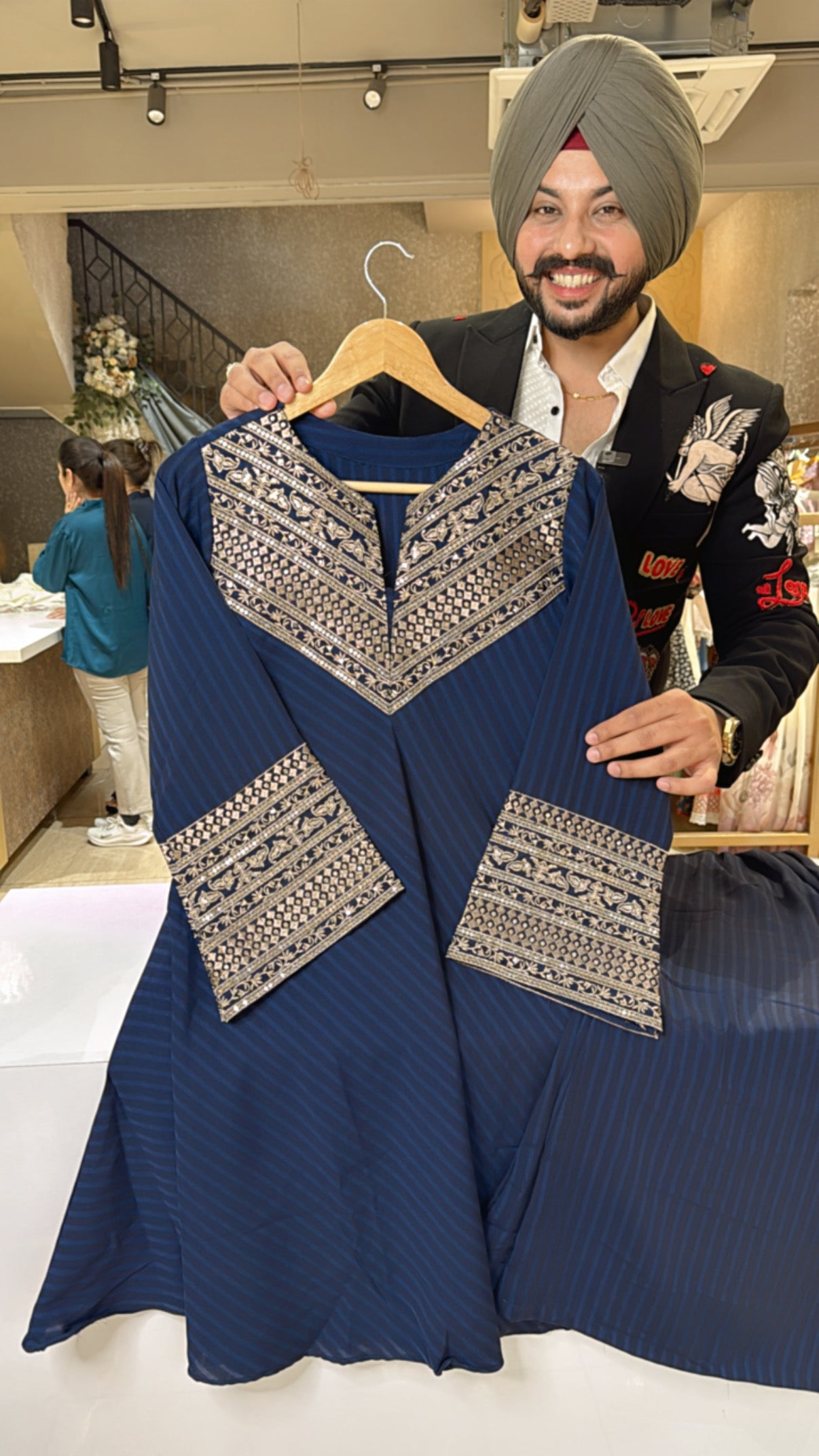 Dark Blue Imported Fabric Paplum Coord set with Beautiful Embroidery Work on neck & bell Sleeves