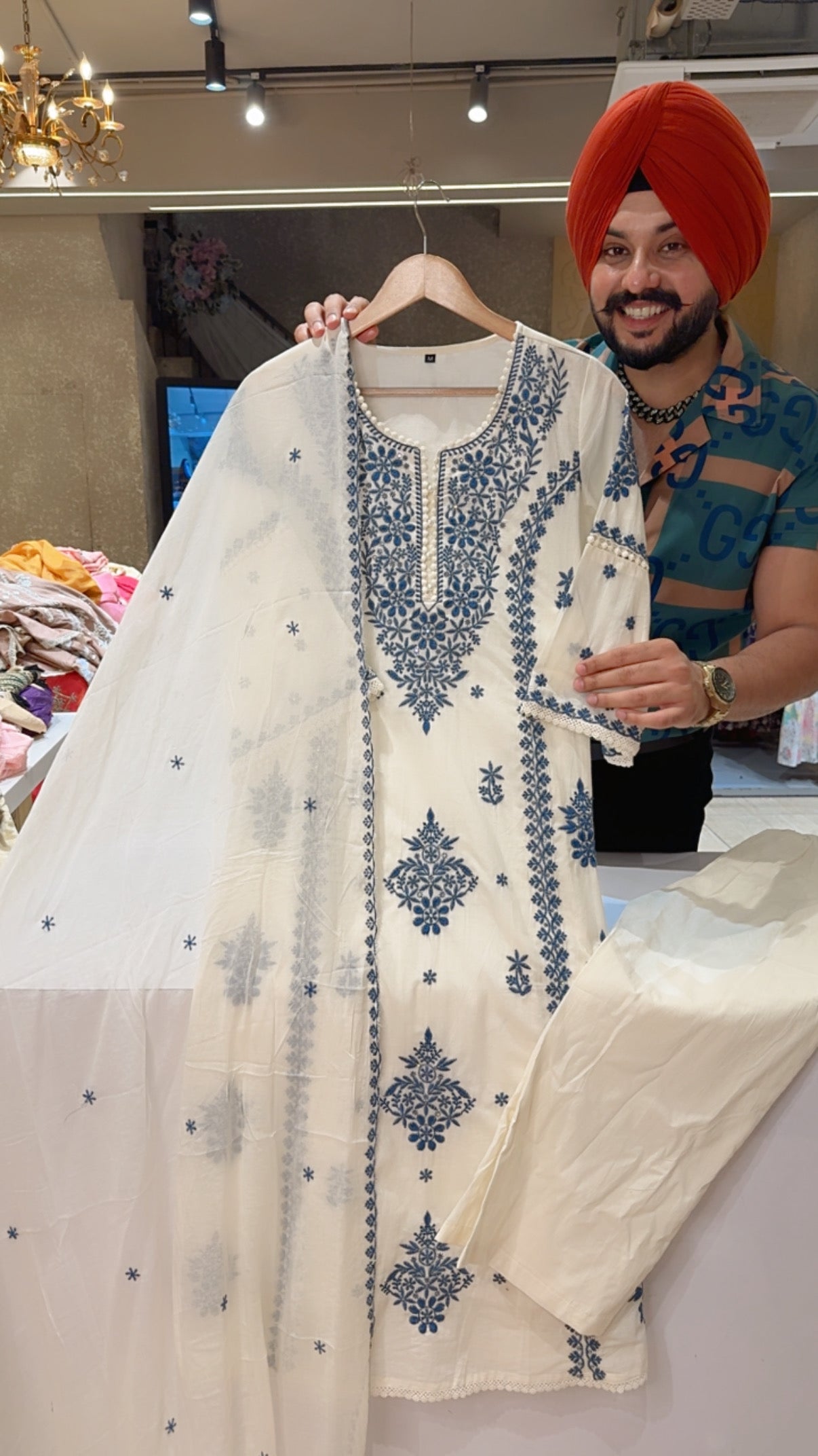 Off white & Blue Mal Cotton Embroidered Semi Formal Straight Suit with Mal cotton Duppata