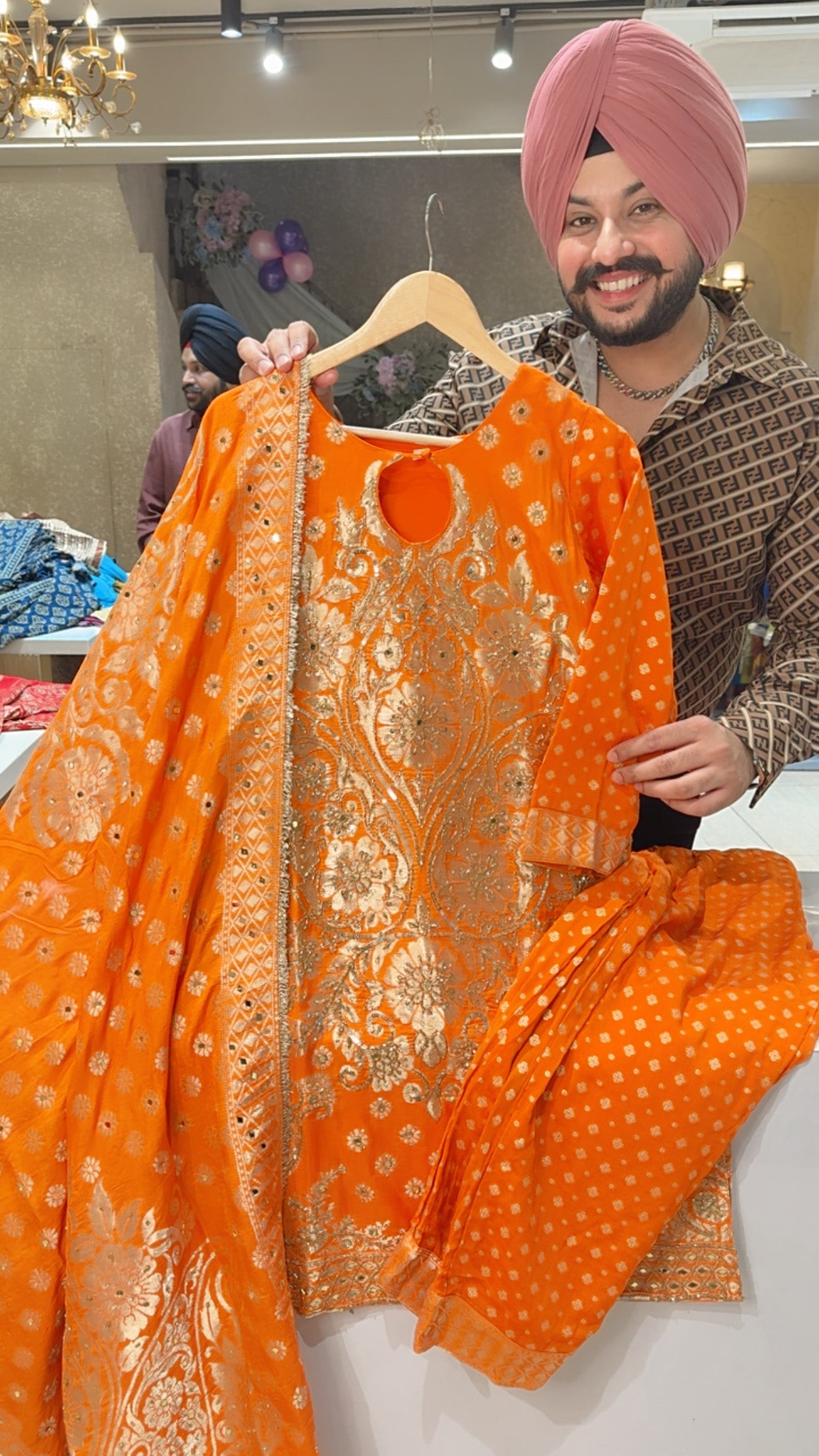 Orange Chanderi Silk Heavy Hand embroidered wedding Wear Straight Suit with Beautiful Duppata