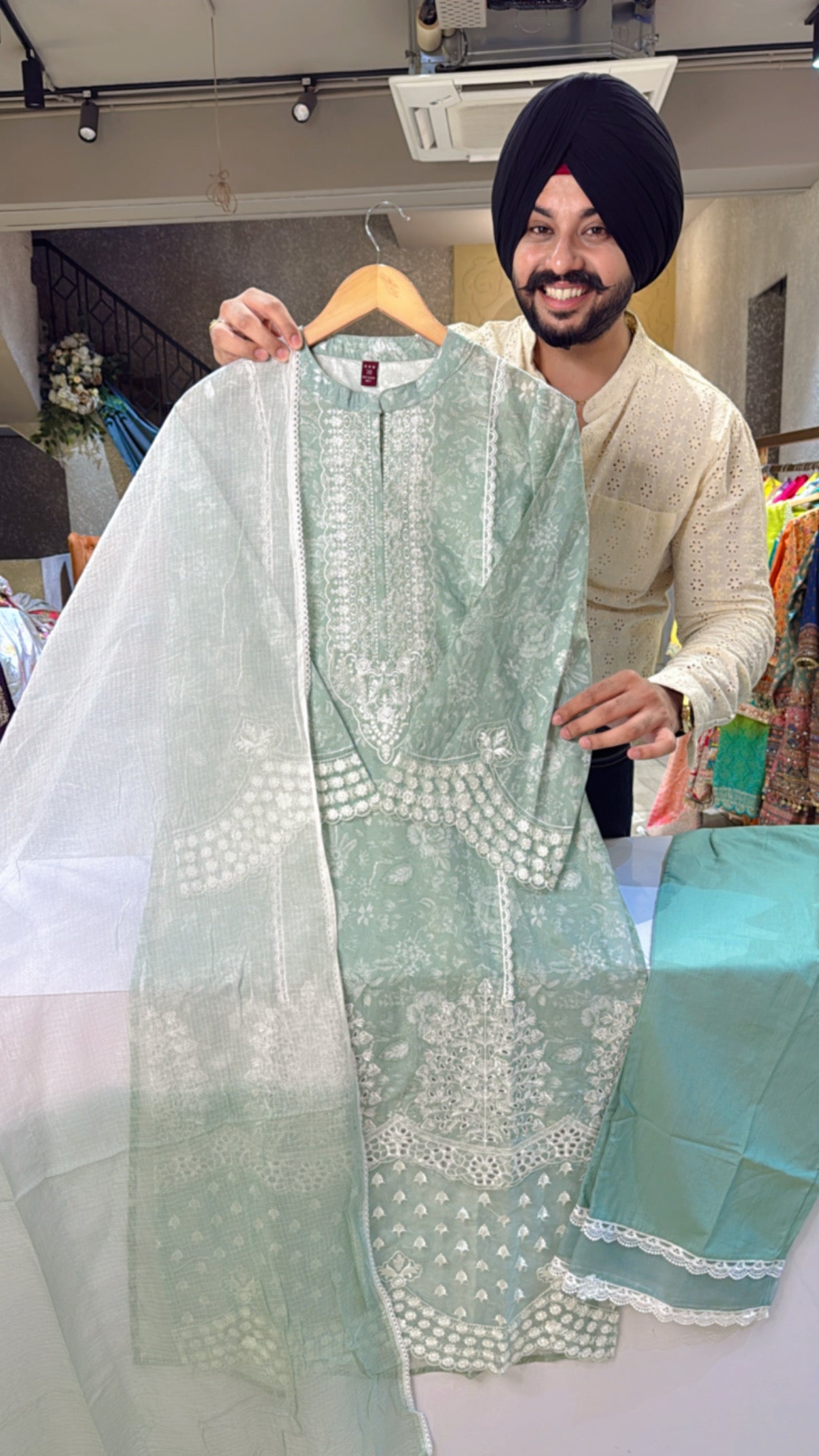 Light Sea green Pure Cotton Floral Print Heavy embroidered Pakistani Suit with Kota Doria Duppata