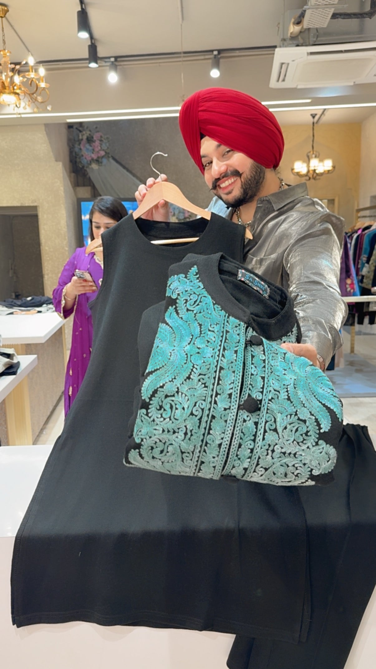 Black & Light Sea Green Soft Woolen Long Length Coord set with Heavy Kashmiri Embroidery work on Shrug