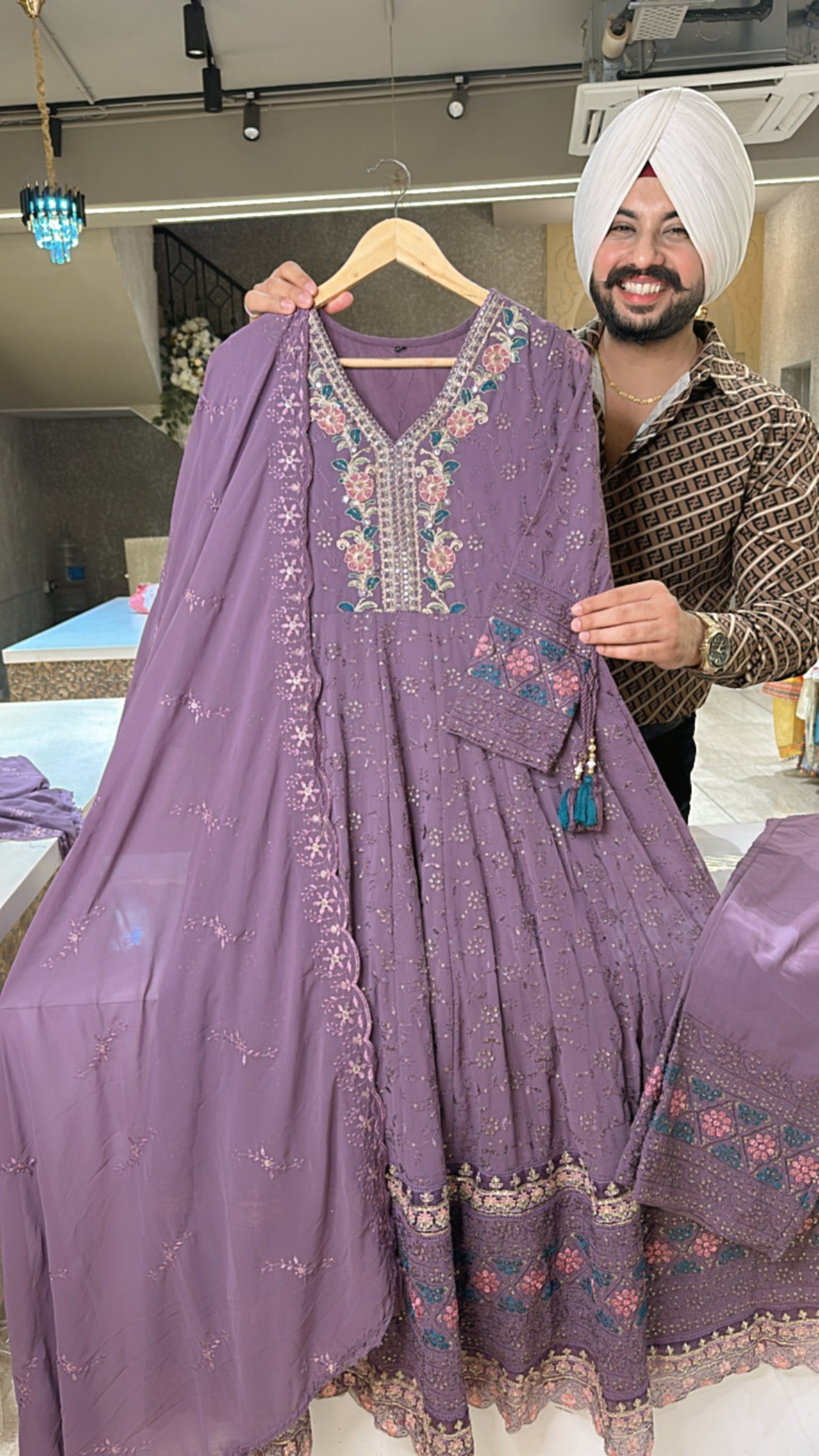 Mauve Georgette Fully embroidered Anarkali Suit with Embroidered Duppata