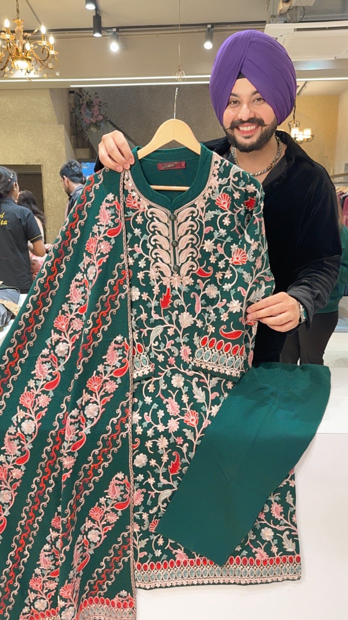 Dark Green Woolen Heavy Kashmiri Embroidered party Wear suit with Heavy woolen Duppata