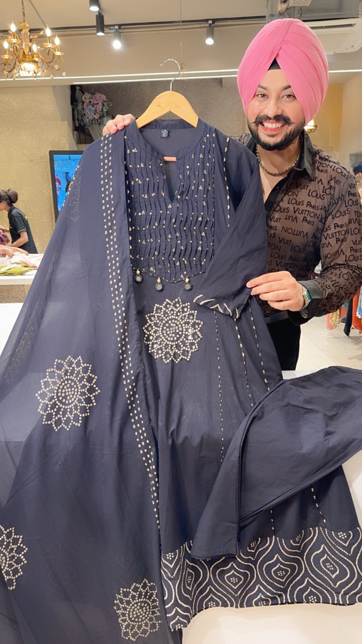 Dark Blue Pure Cotton Bandhej print Mirror Work Semi formal Anarkali suit
