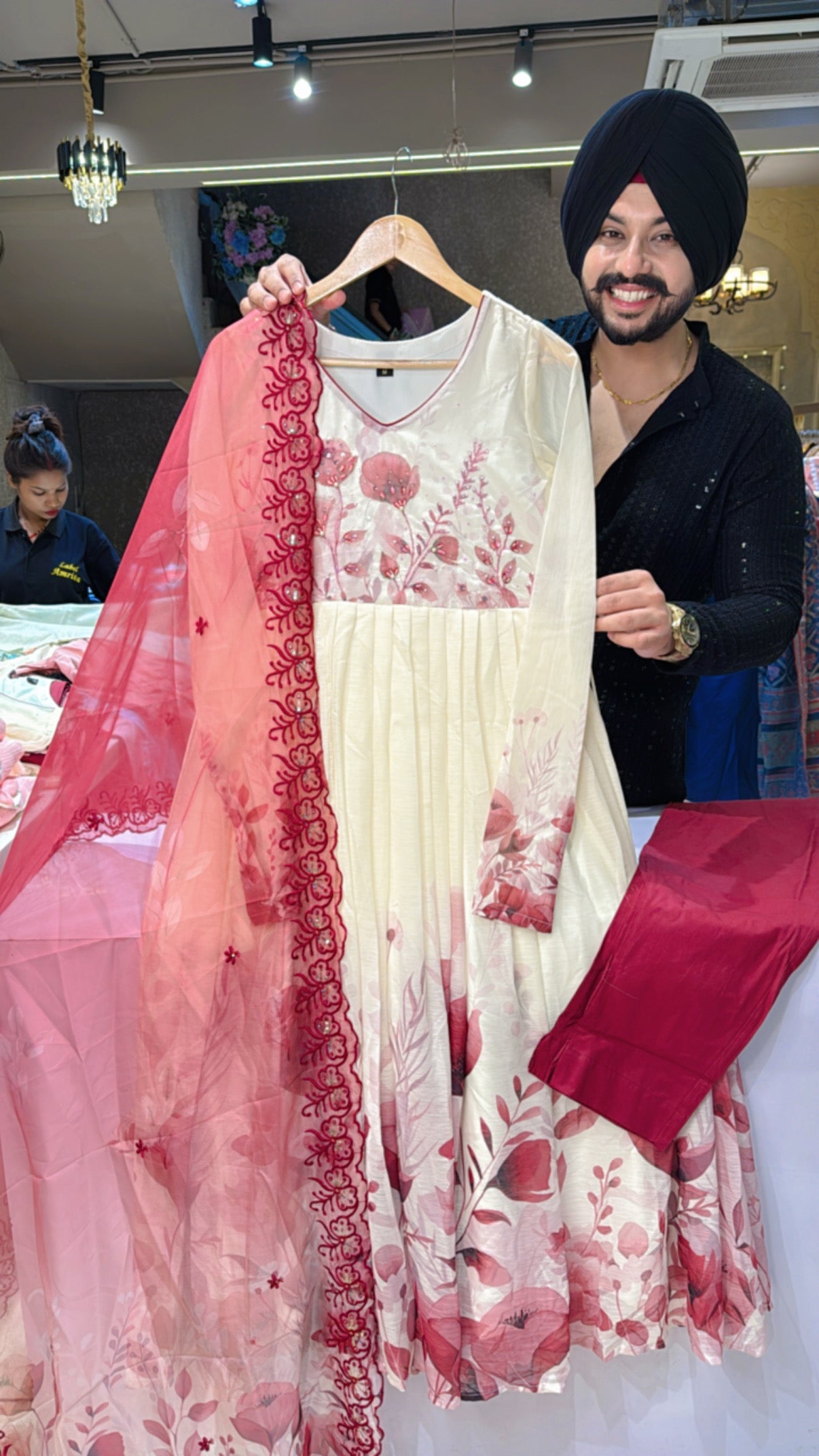 Off white & Maroon Chiffon Full Flair Embroidered Anarkali Suit with Beautiful Embroidered Organza Duppata