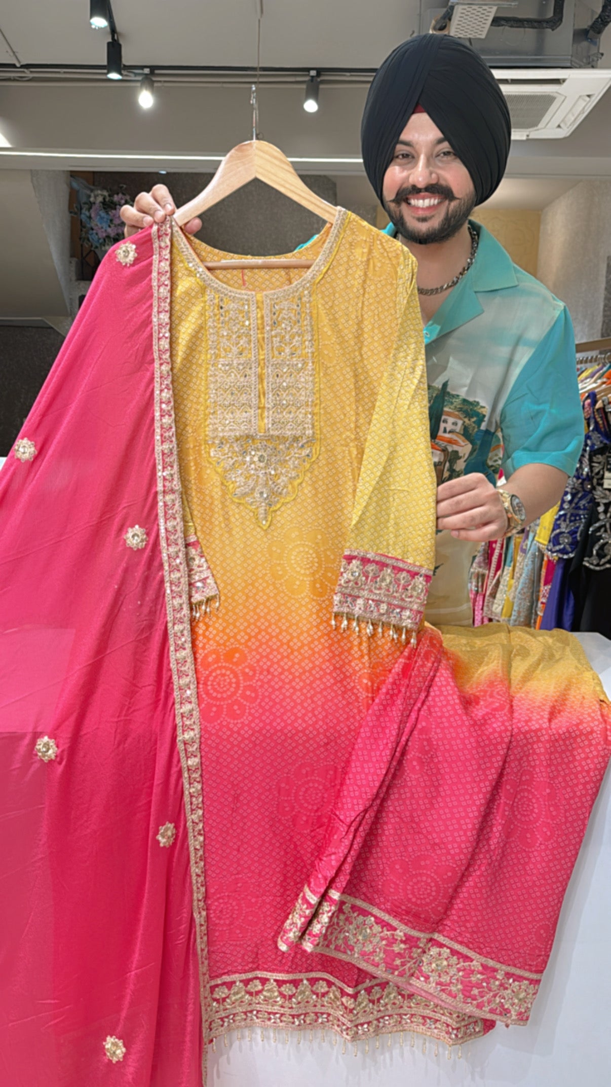 Yellow & pink Bandhej print Heavy Embroidered A-line Plazo suit with Beautiful Chinon Duppata