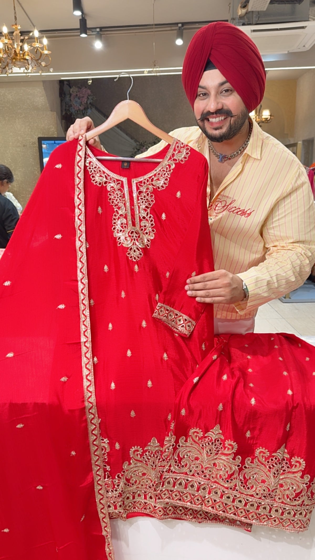 Red Chinon Embroidered & Cut Work Full Flair Plazo Suit