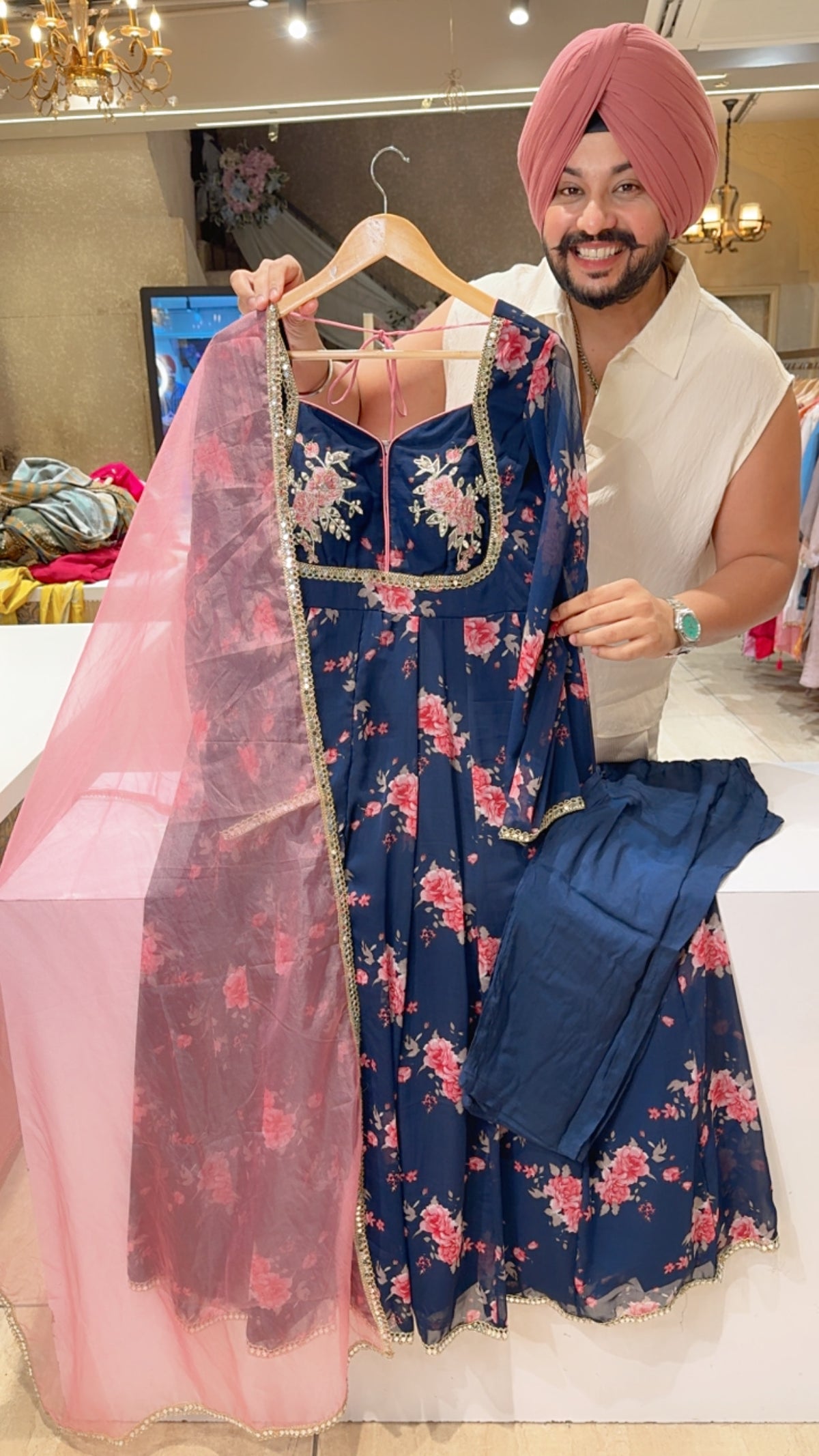 Blue Chiffon Mirror work Padded Semi Backless Anarkali suit